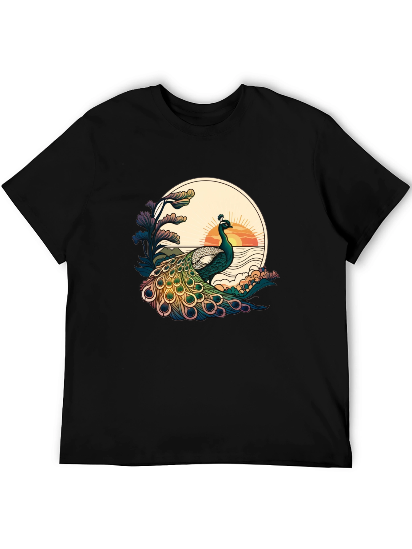 Black Peacock Sunset Graphic Tee - Stylish Black T-Shirt view 5