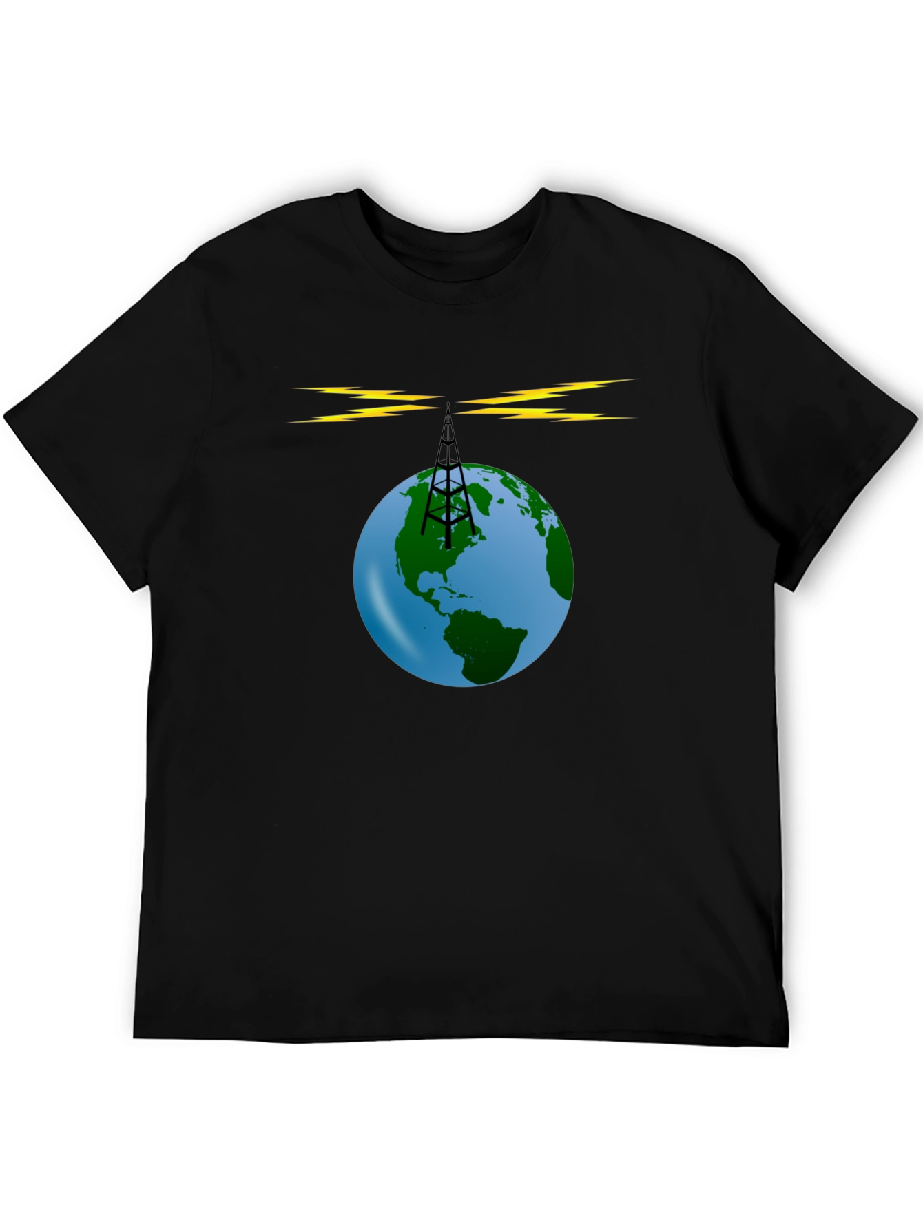 Black Global Radio Tower T-Shirt - Earth Broadcast Design view 5