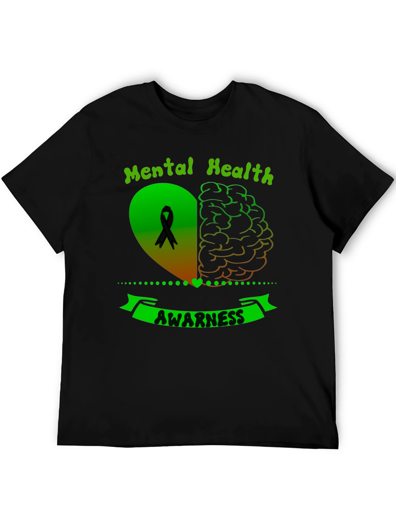 Black Mental Health Awareness Ribbon Heart Brain T-Shirt view 5