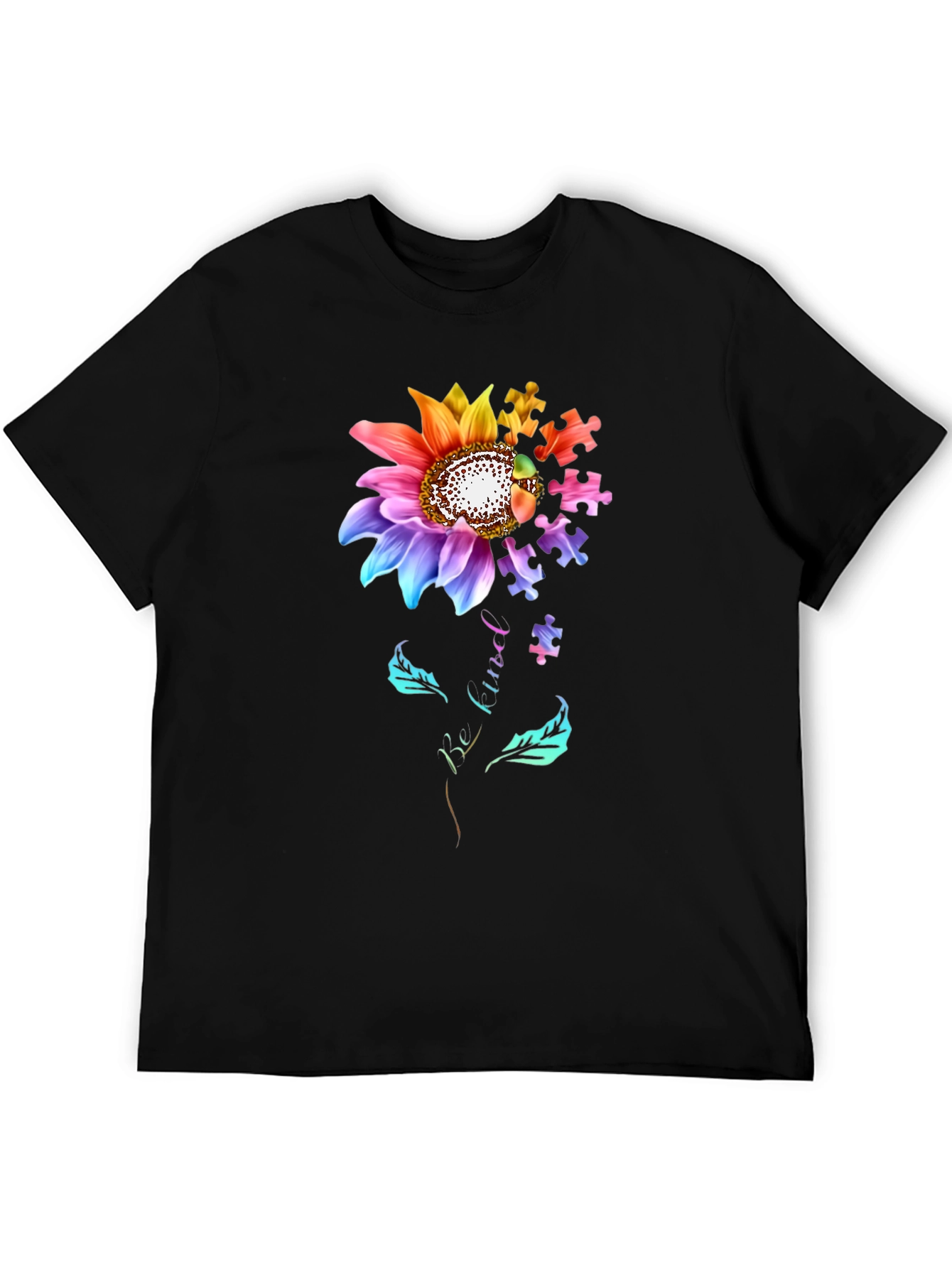 Black Autism Awareness Sunflower Puzzle Piece T-Shirt view 5