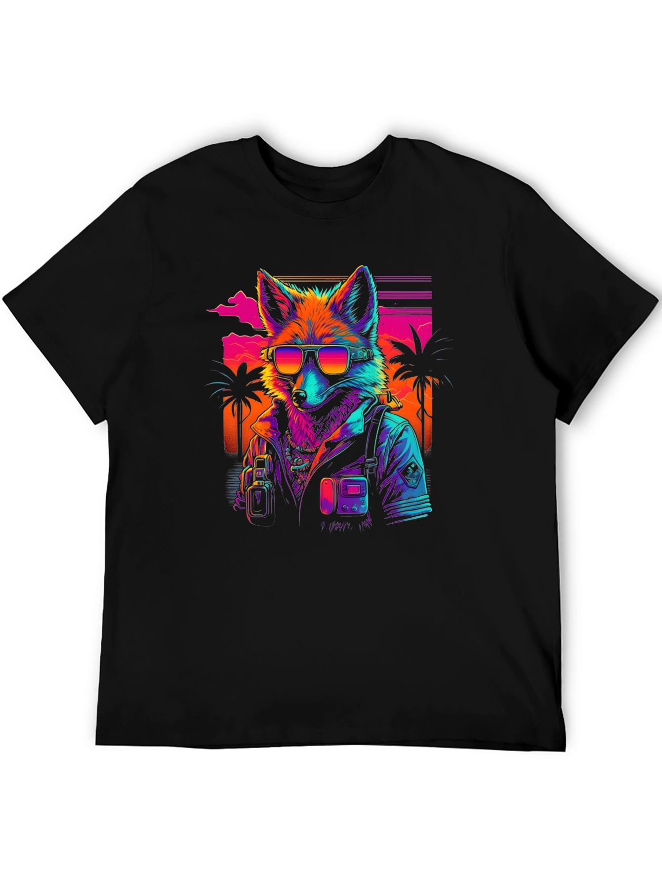 Black Retro Fox T-Shirt - Synthwave Style view 5
