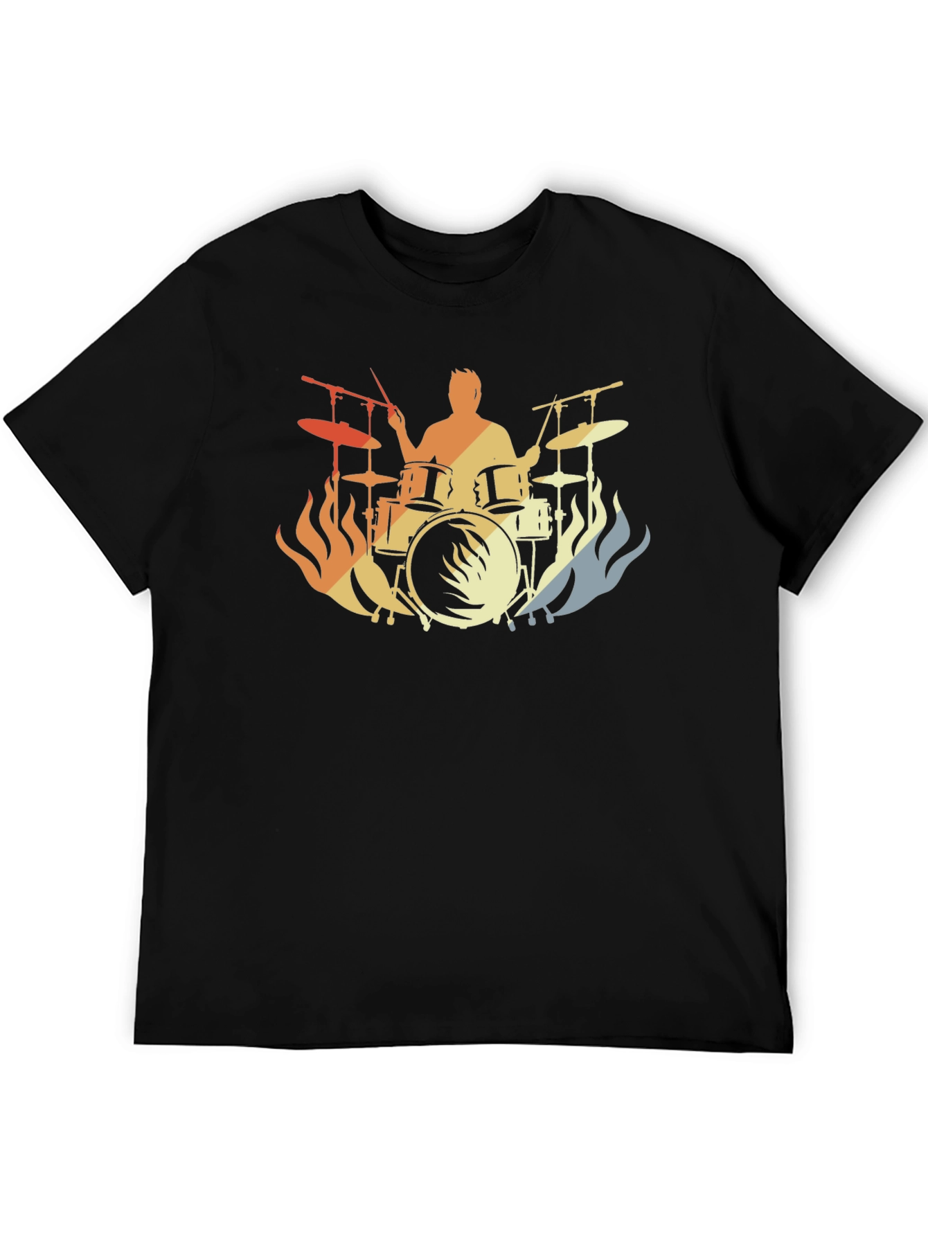 Black Drummer Fire Silhouette T-Shirt - Black Cotton Tee view 5