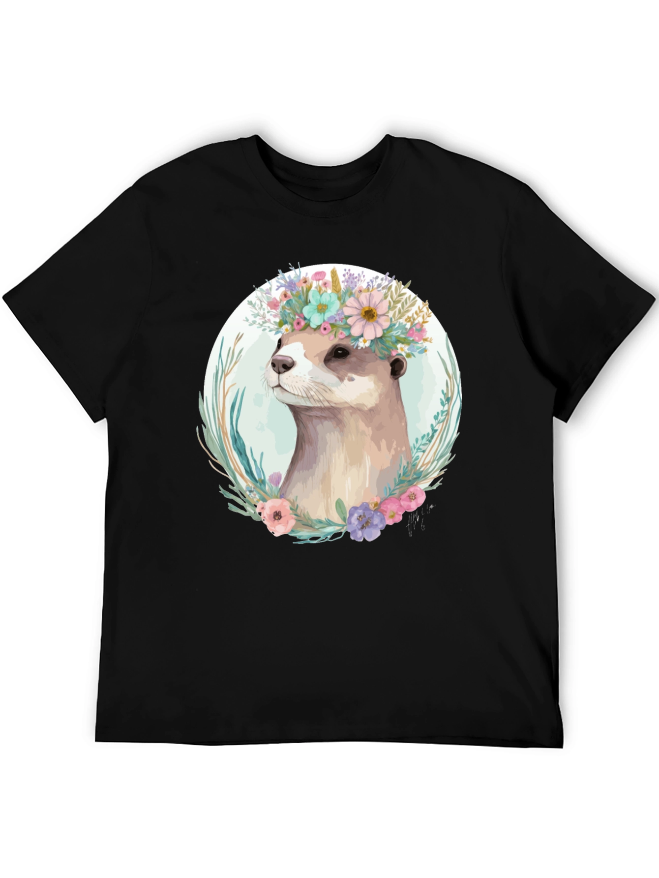 Black Otter Floral Crown T-Shirt - Stylish Animal Tee view 5