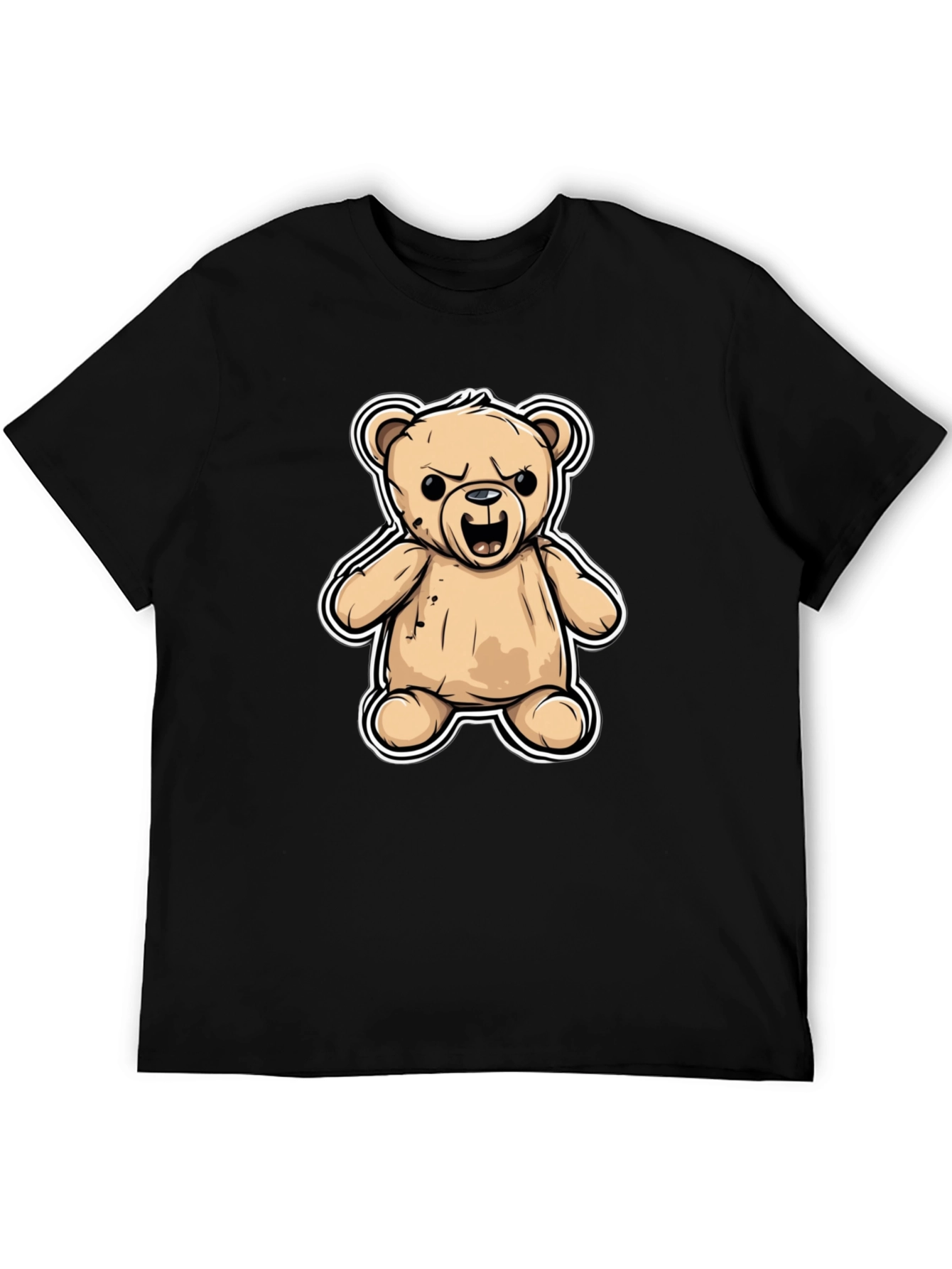 Black Men's Black T-Shirt with Cartoon Angry Teddy Bear Design view 5