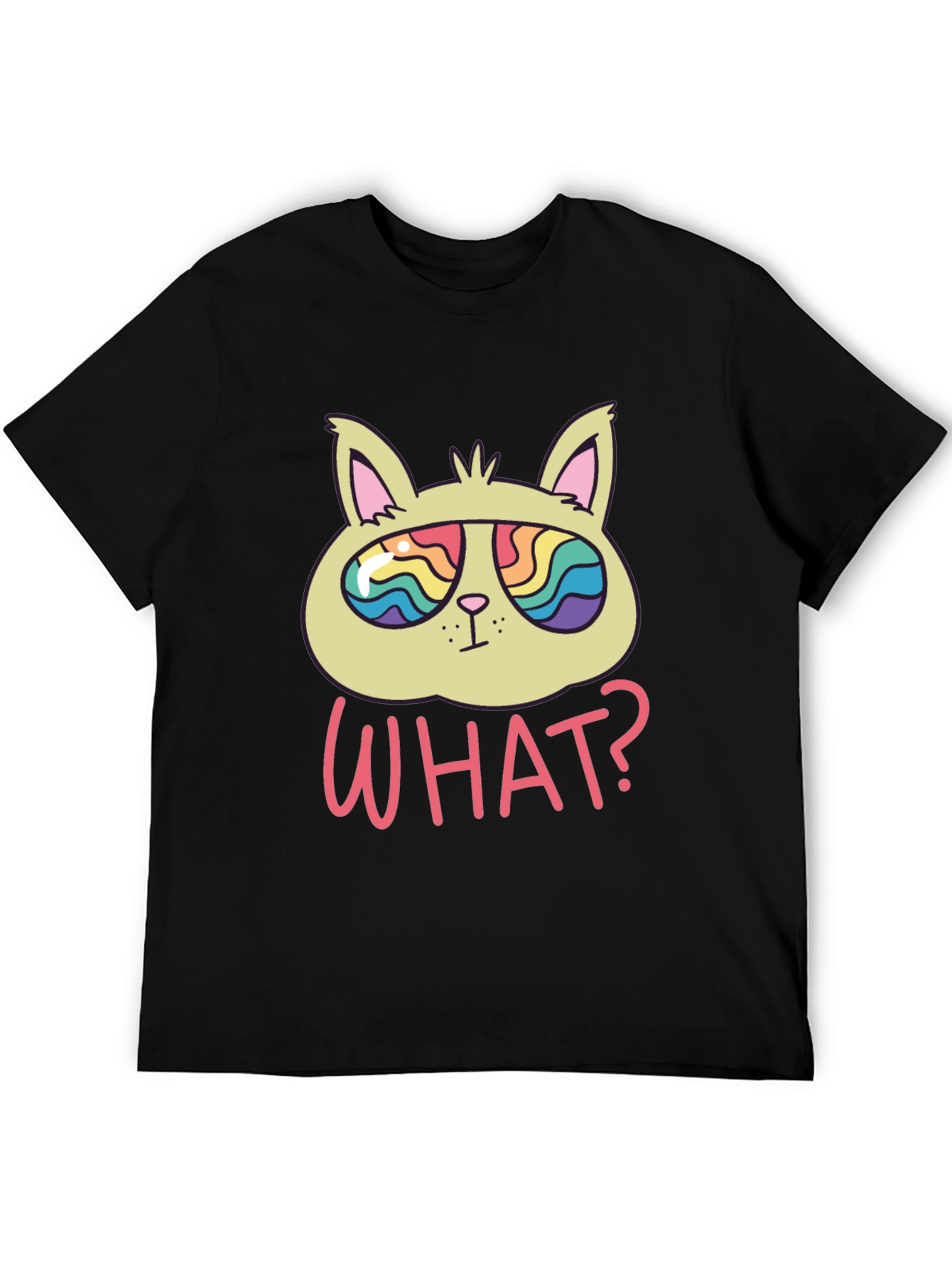 Black Funny Cat T-Shirt - What? Rainbow Sunglasses view 5