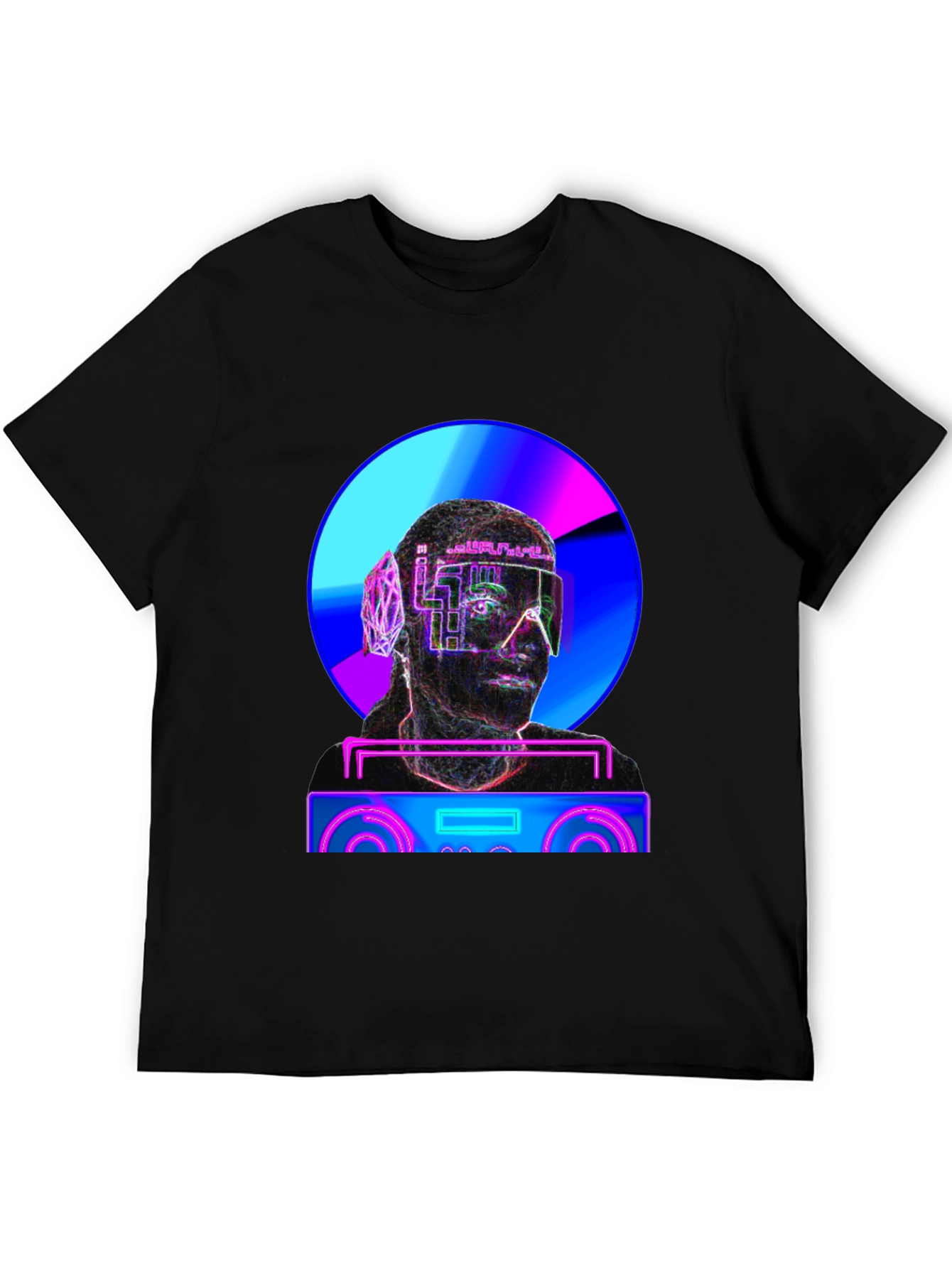 Black Cyberpunk DJ T-Shirt - Futuristic Neon Design view 5