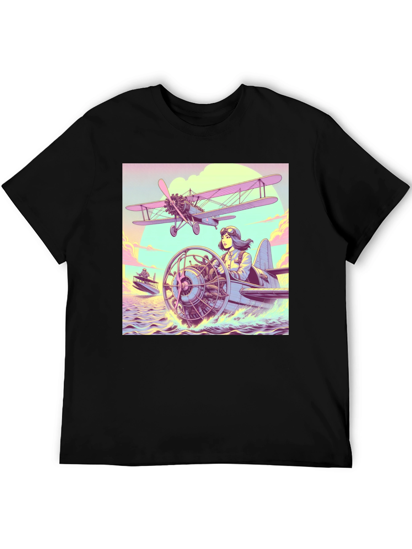 Black Retro Aviation T-Shirt - Pilot in Seaplane Design view 5