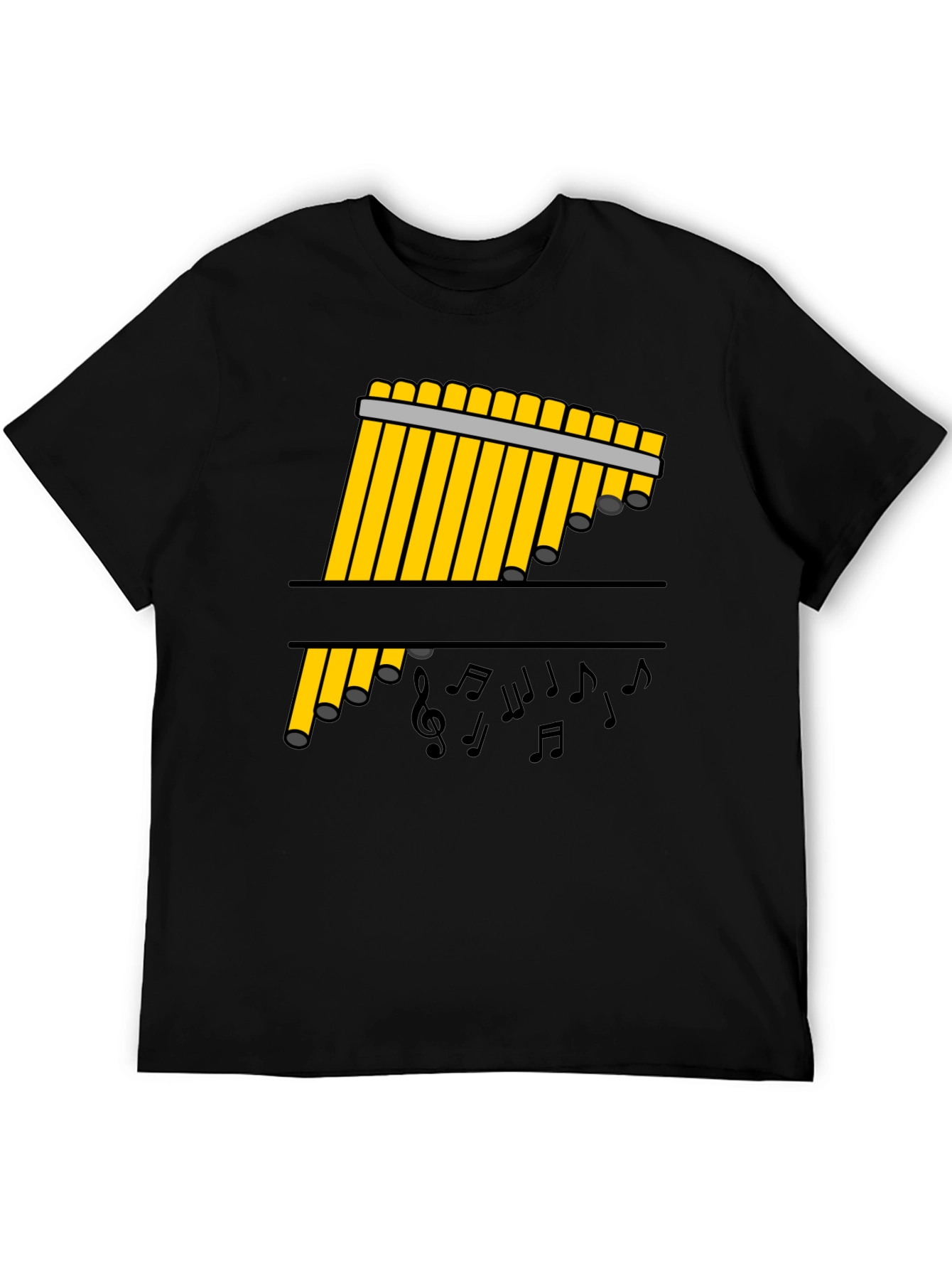 Black Pan Flute Music Notes Black Graphic Tee view 5