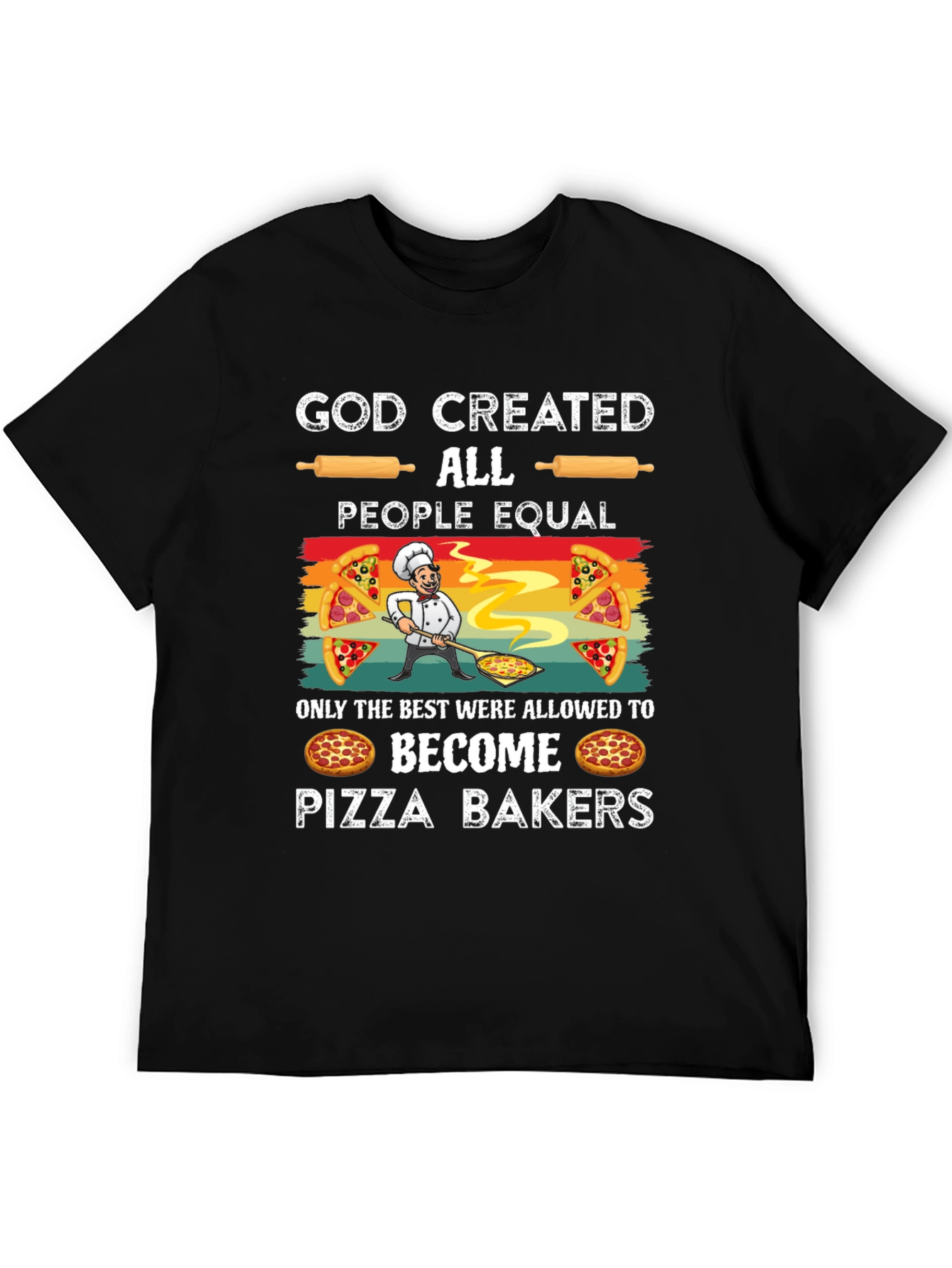 Black God Created Pizza Bakers Funny T-Shirt view 5