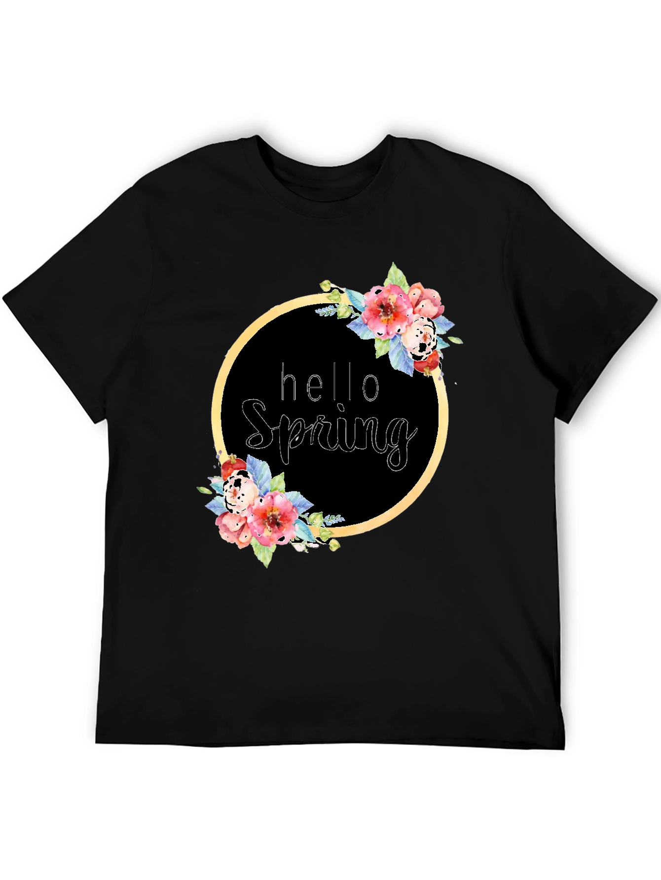 Black Hello Spring Floral Wreath T-Shirt view 5