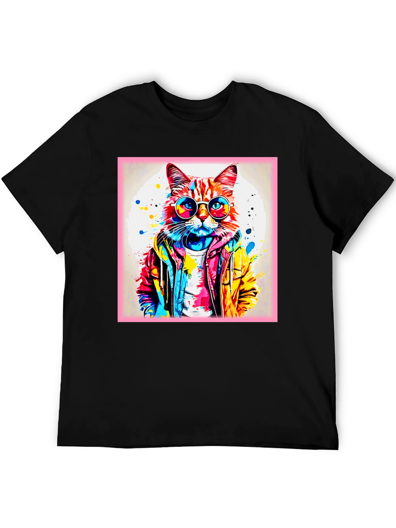 Black Cool Cat Graphic Tee - Colorful Art Design view 5