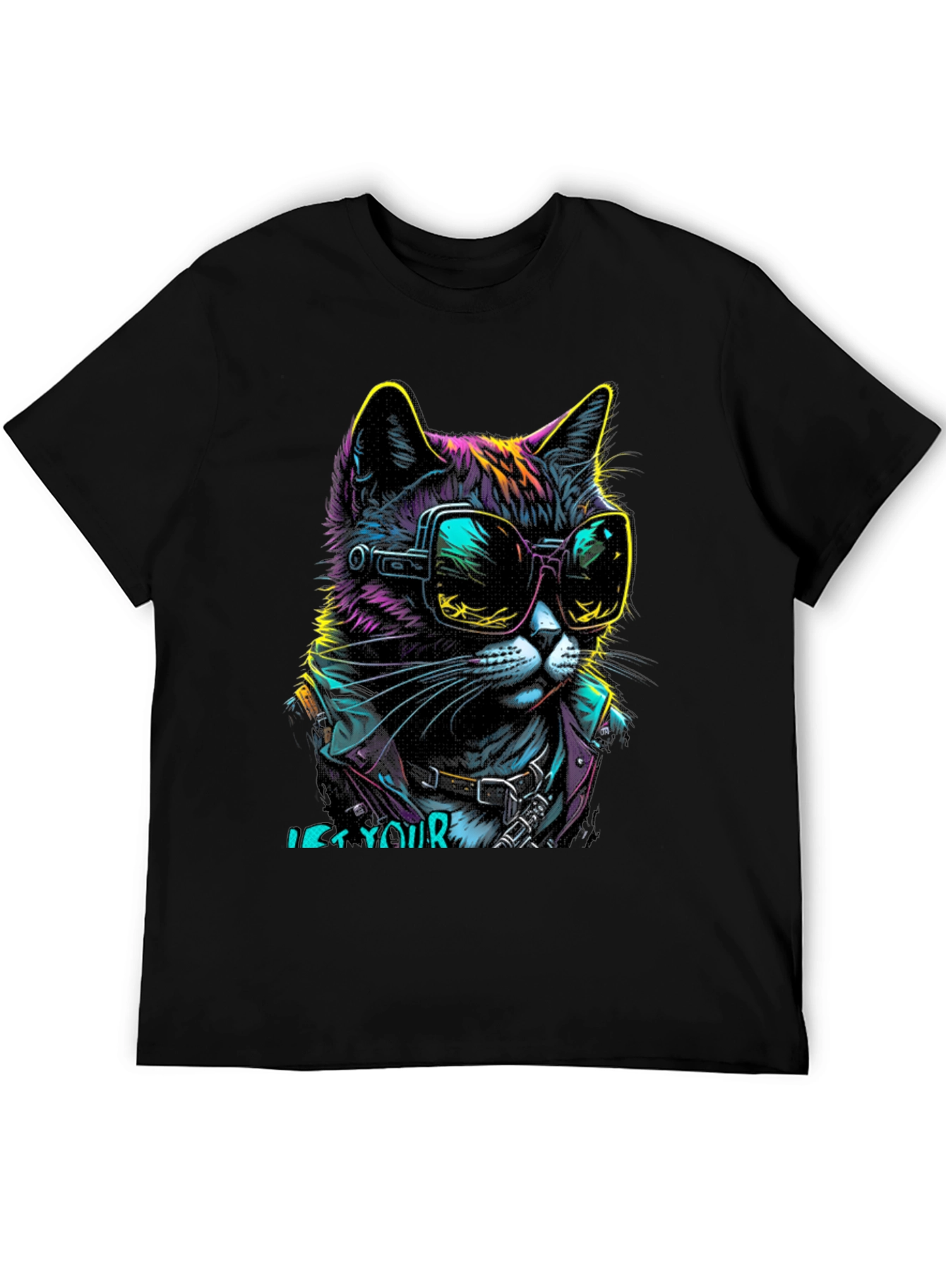 Black Cool Cat Graphic T-Shirt - Unique Neon Design view 5