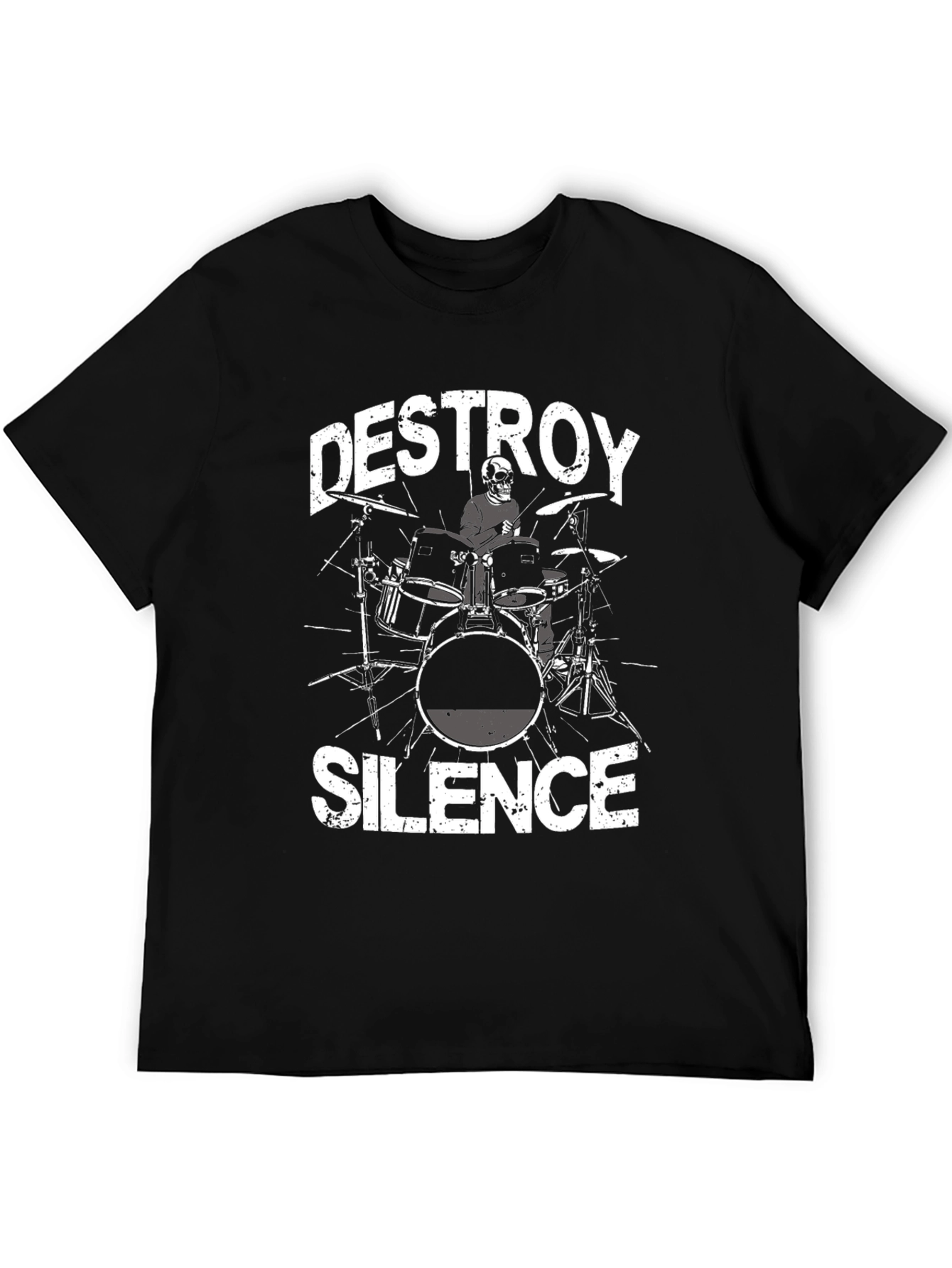 Black Destroy Silence T-Shirt: Drummer Skeleton Tee view 5