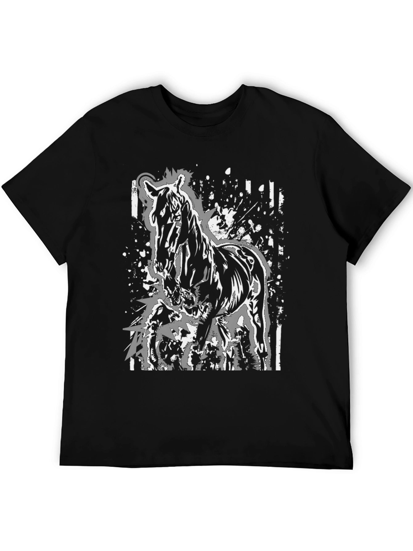 Black Horse Graphic Print Tee - Black Cotton Casual Shirt view 5