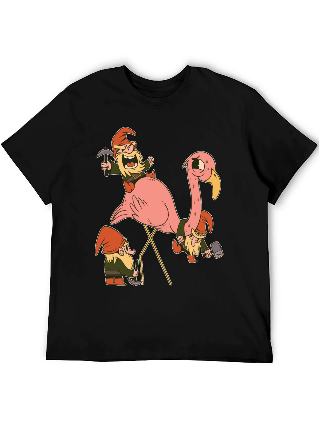 Black Gnomes Riding Flamingo Black T-Shirt view 5