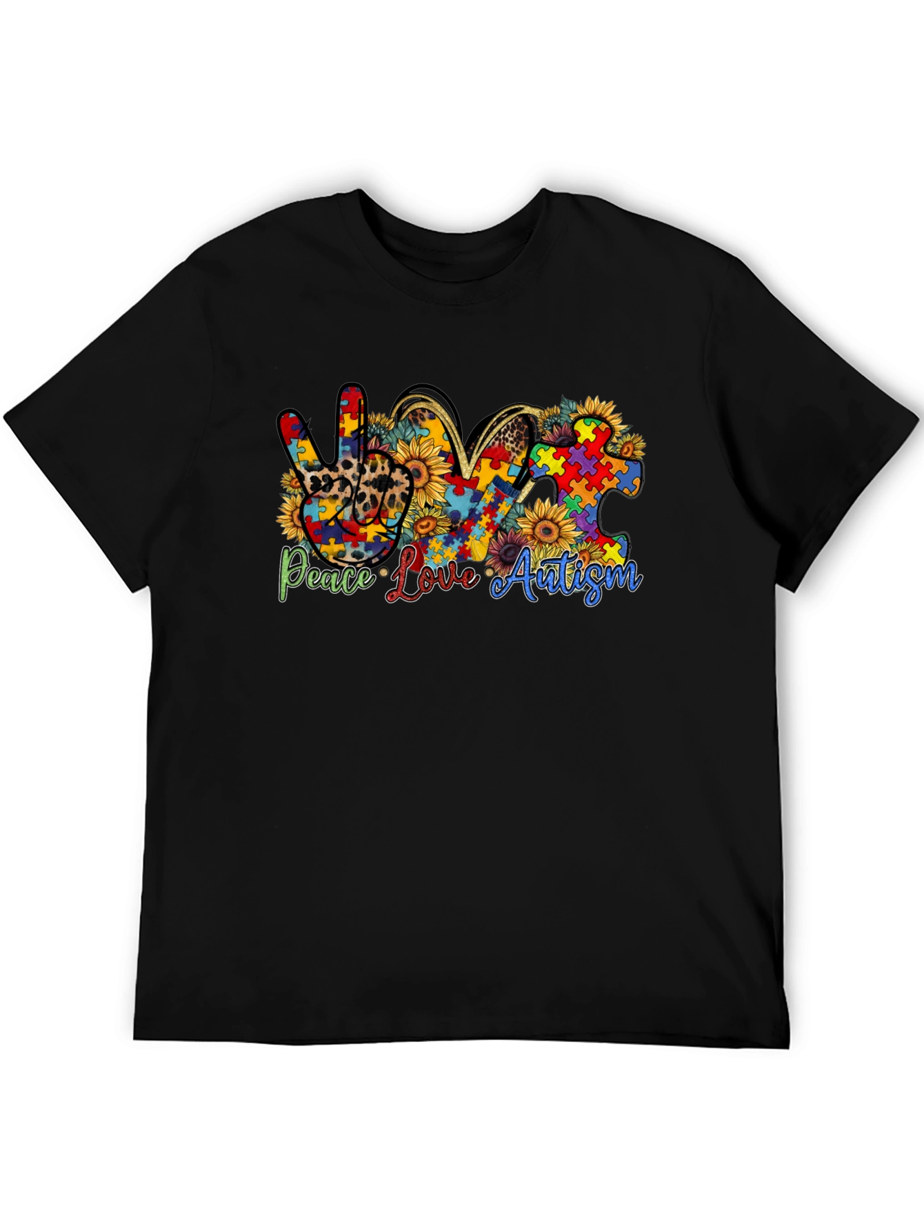 Black Peace Love Autism Awareness T-Shirt view 5