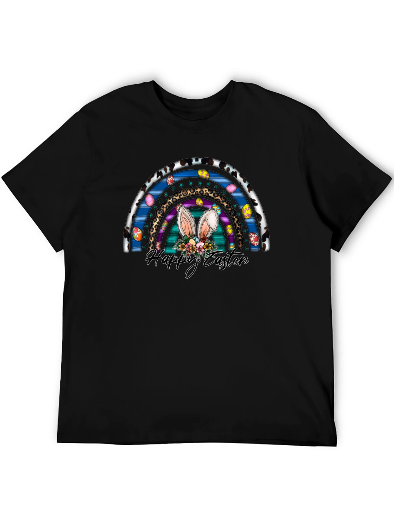 Black Happy Easter Rainbow Bunny Ears T-Shirt view 5