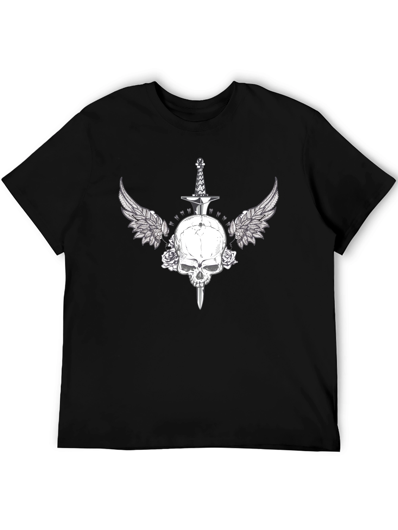Black Skull Sword Wings Graphic Tee - Black Cotton Blend view 5
