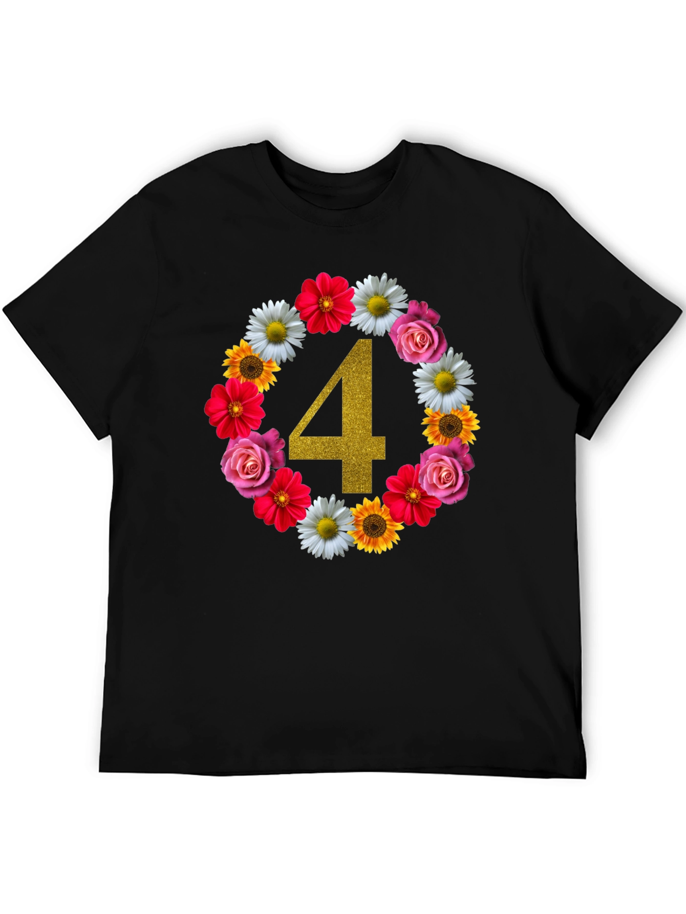 Black Floral Number 4 Birthday T-Shirt view 5