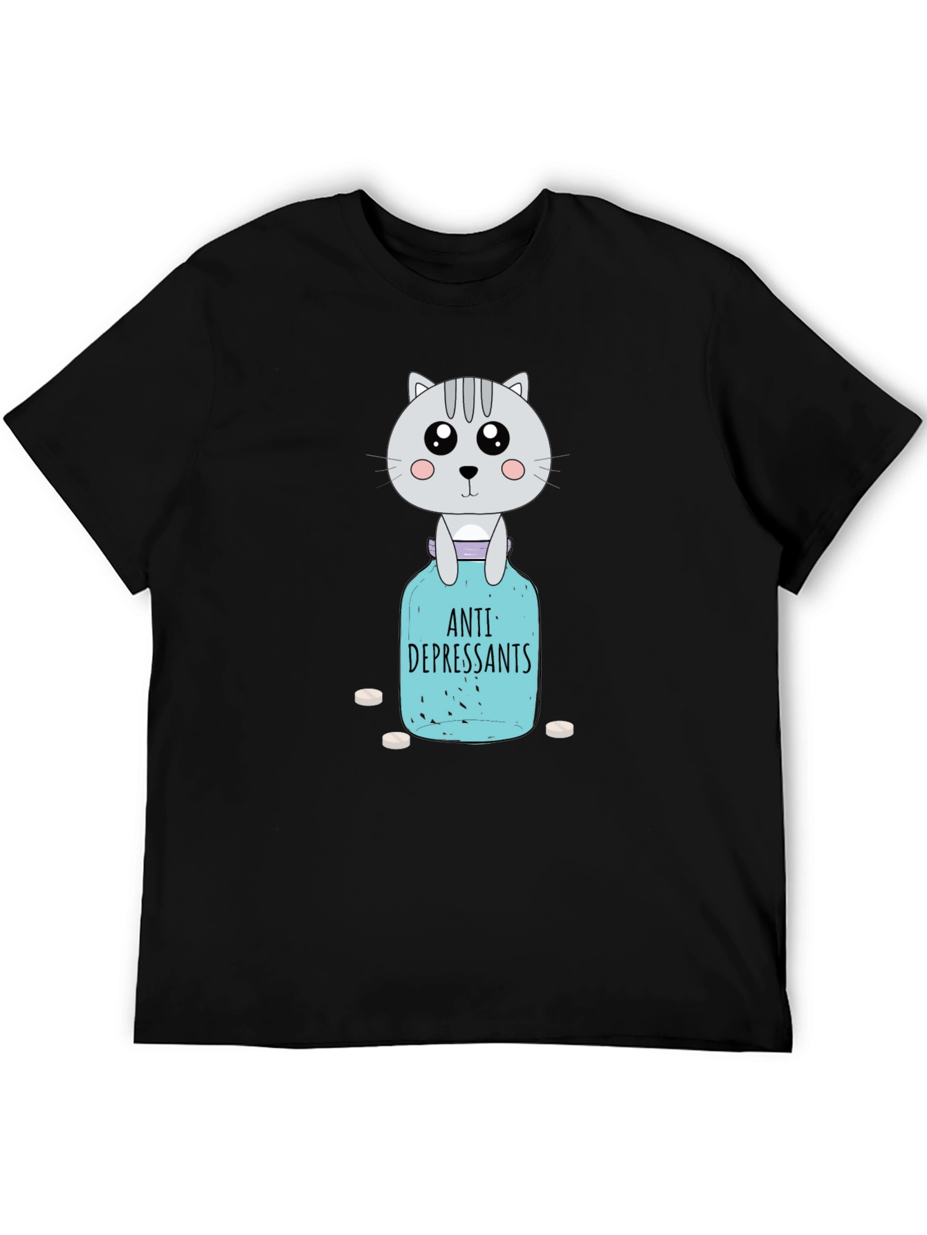 Black Anti-Depressant Cat T-Shirt - Pill Bottle Humor view 5