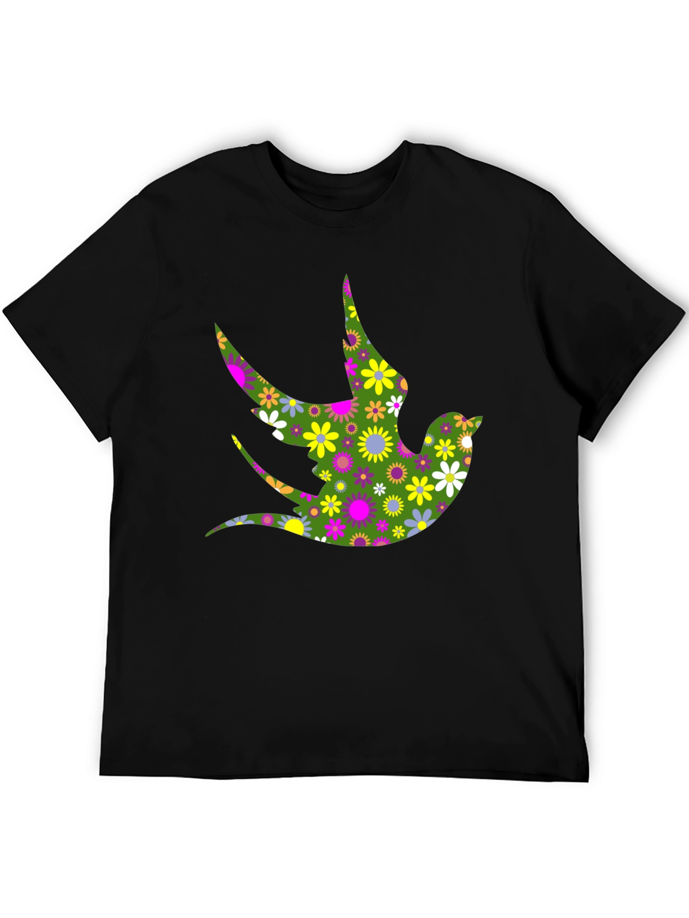 Black Floral Bird Print Black T-Shirt view 5