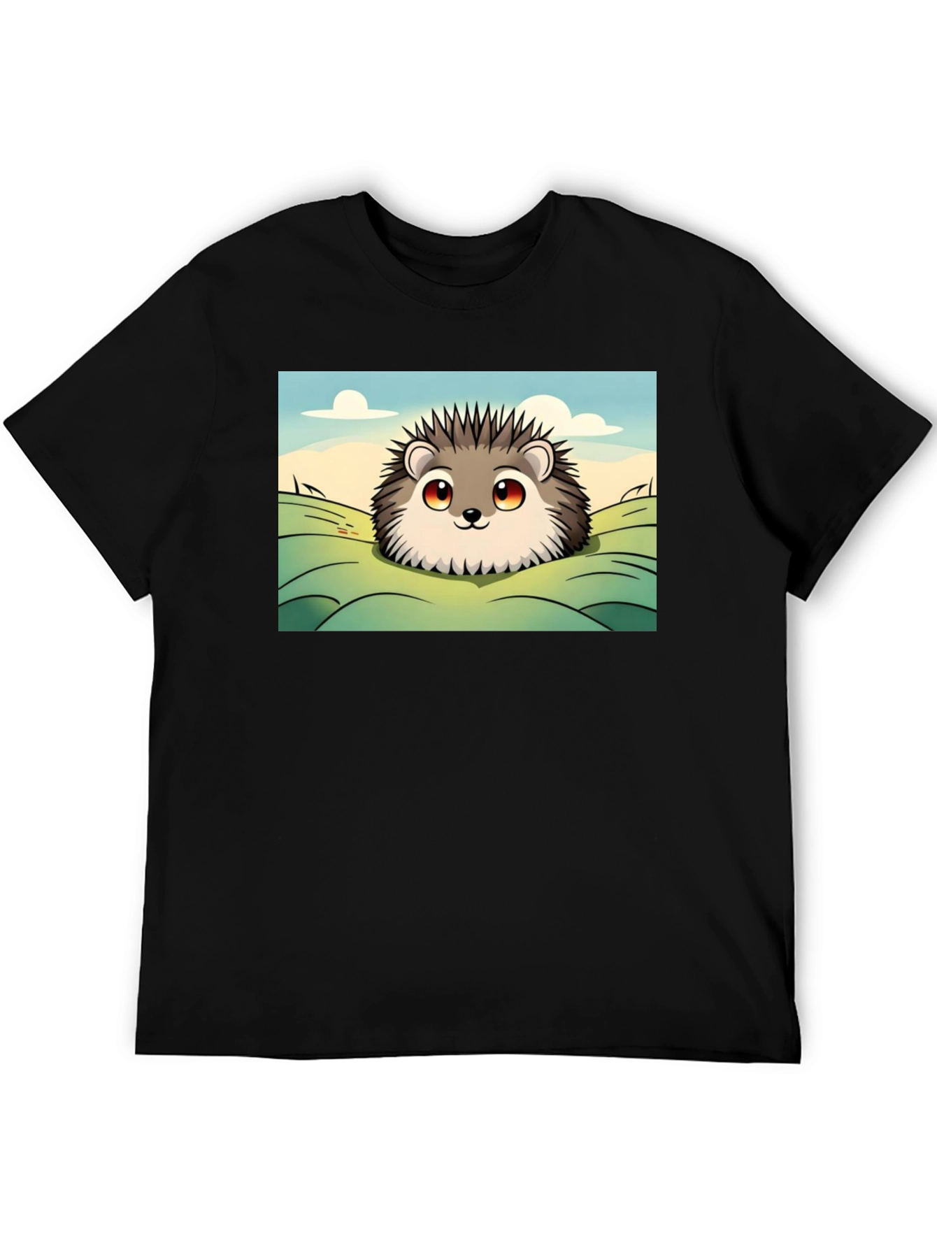 Black Cute Hedgehog Graphic Tee - Black Cotton T-Shirt view 5