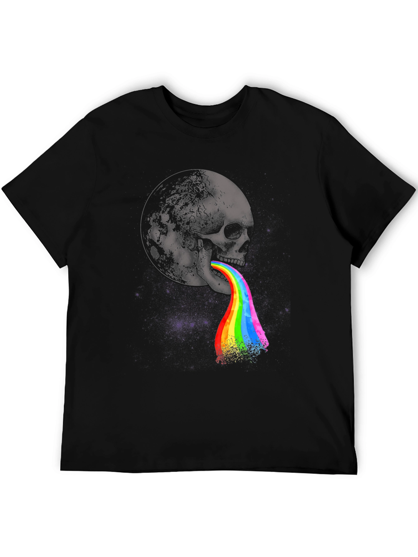 Black Skull & Moon Graphic Print Tee - Colorful Rainbow Vomit Design view 5