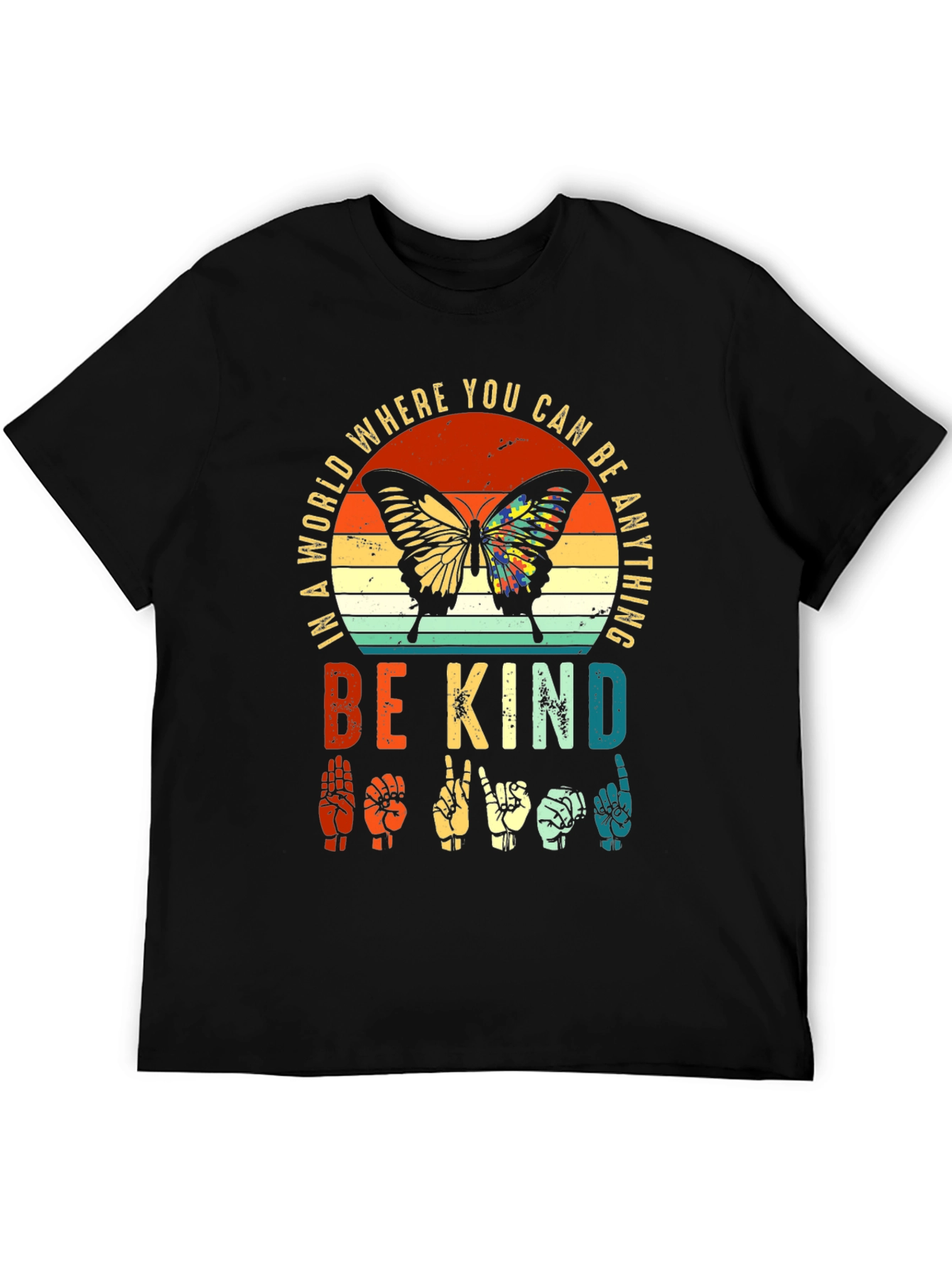 Black Be Kind Sign Language Butterfly Graphic Tee view 5