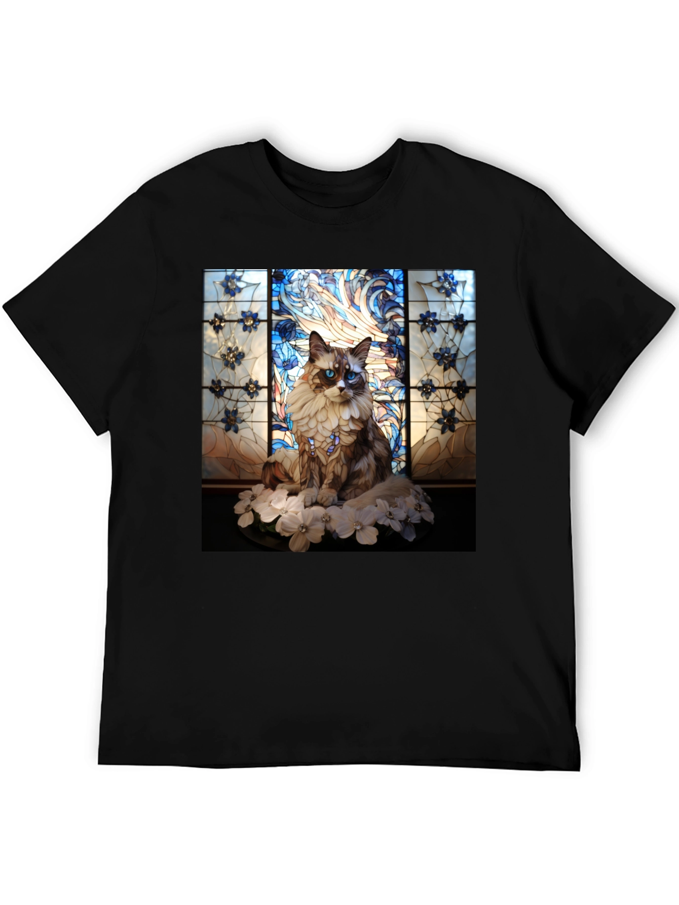 Black Stained Glass Cat Portrait T-Shirt view 5