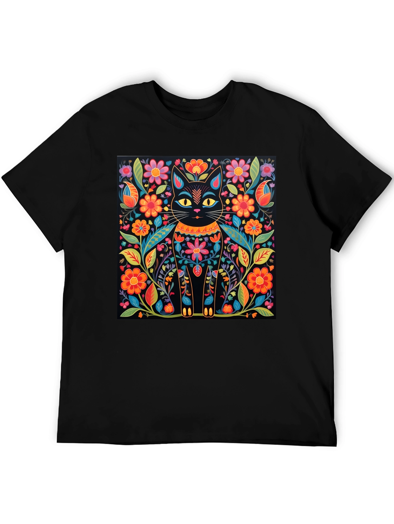 Black Floral Cat Graphic Print Black T-Shirt view 5