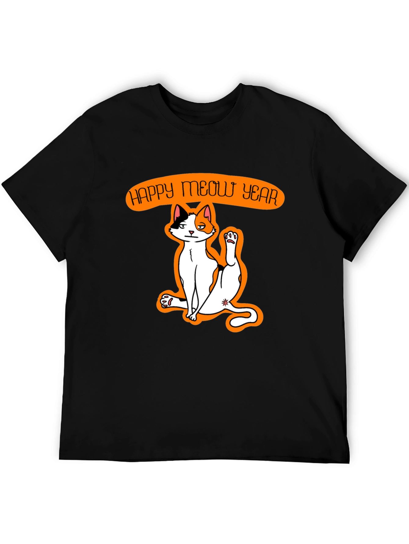 Black Happy Meow Year T-Shirt - Festive Cat Graphic Tee view 5