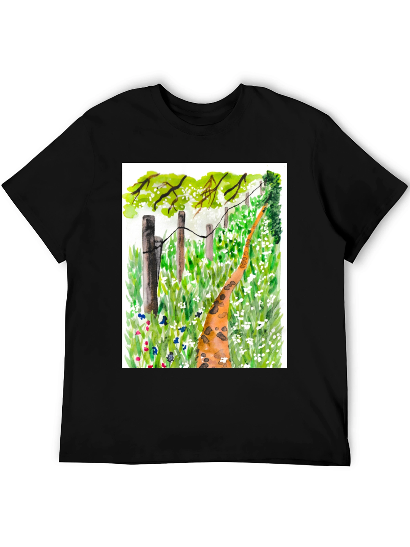 Black Watercolor Meadow Path Black T-Shirt view 5
