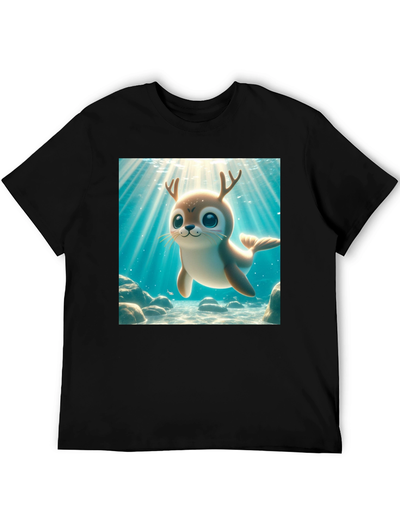Black Cute Antlered Seal T-Shirt view 5