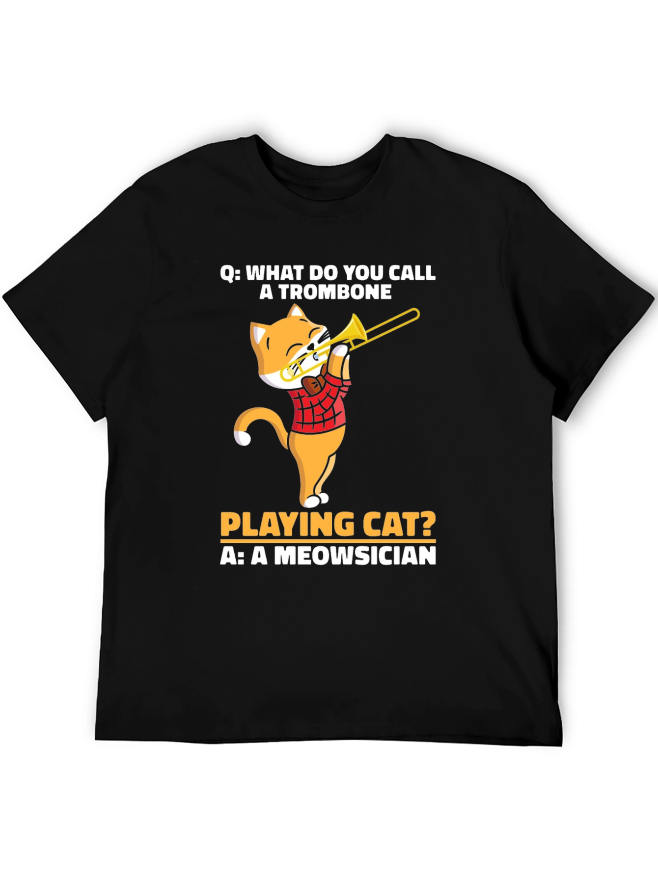 Black Meowsician Trombone Cat T-Shirt view 5