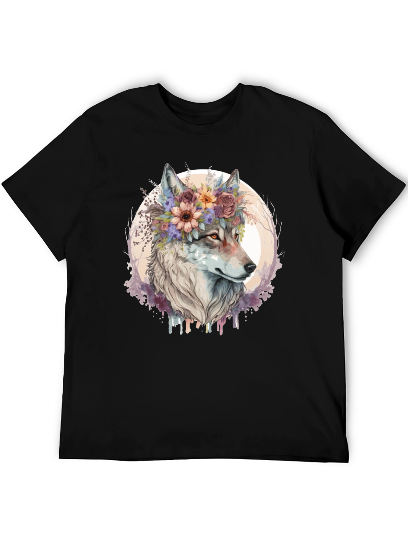 Black Wolf Flower Crown Graphic Tee - Unisex Black T-Shirt view 5