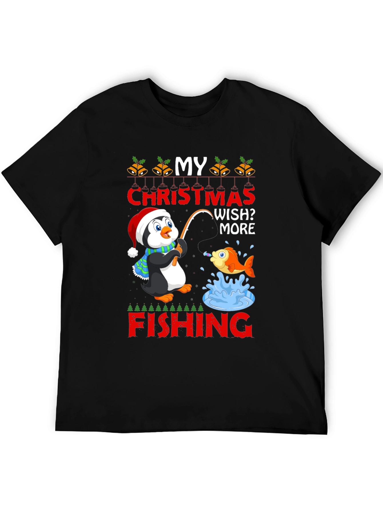 Black Christmas Penguin Fishing T-Shirt view 5