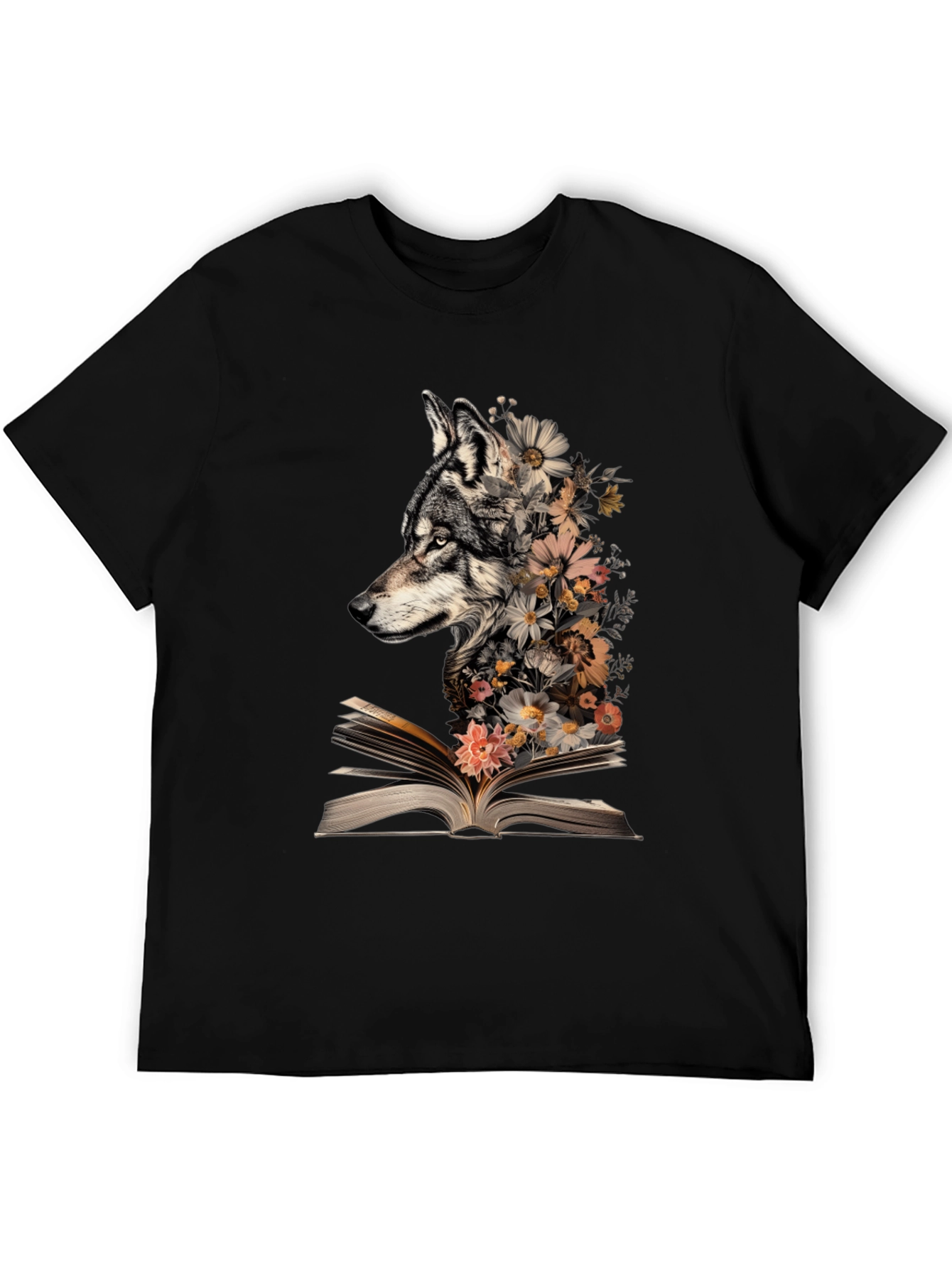 Black Wolf & Floral Book T-Shirt view 5