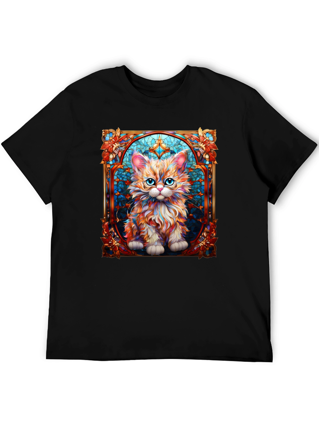 Black Stained Glass Cat Art T-Shirt view 5