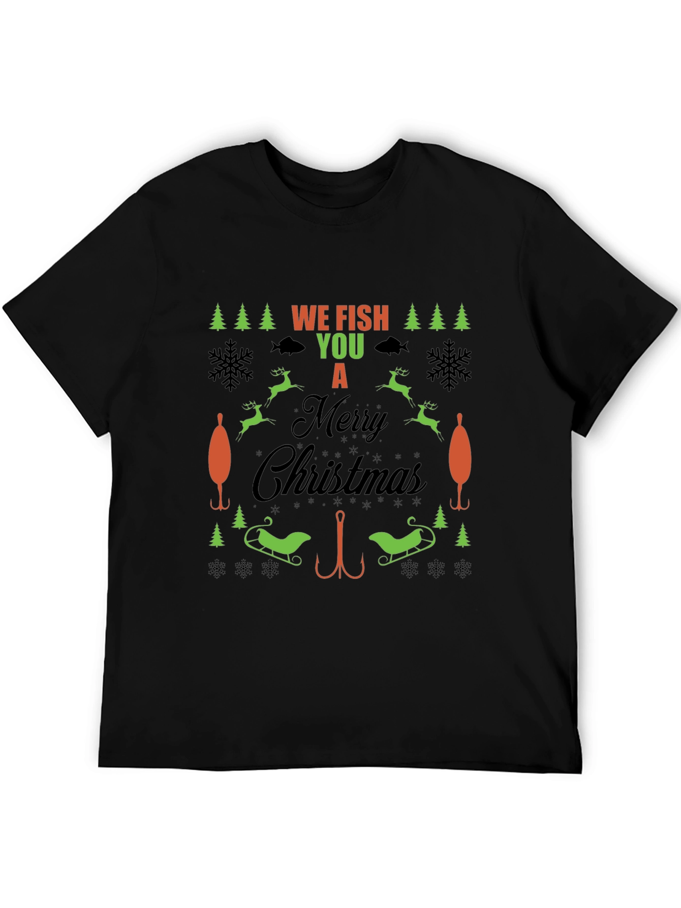 Black Funny Fishing Christmas T-Shirt view 5