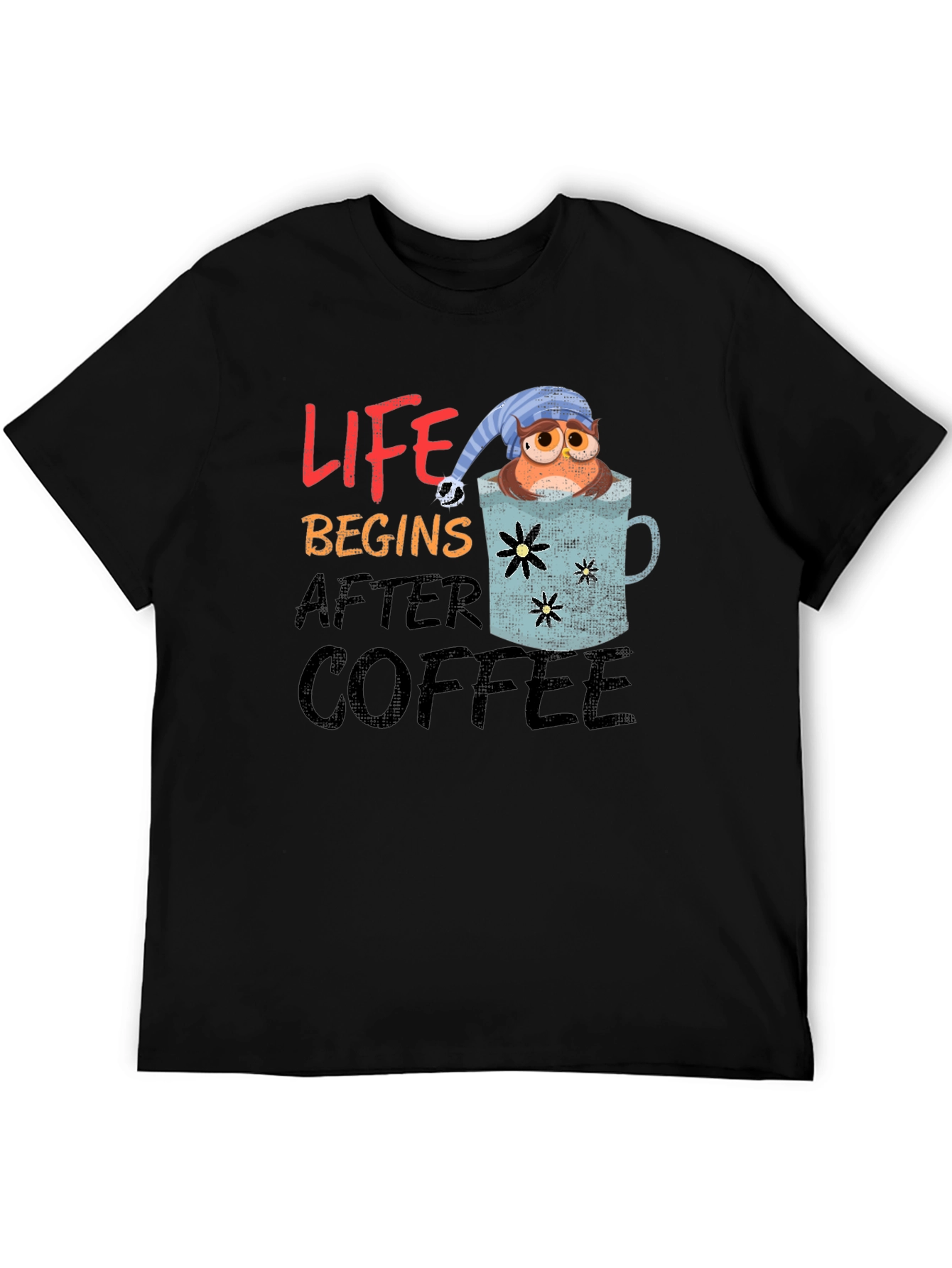 Black Life Begins After Coffee Owl Graphic T-Shirt view 5