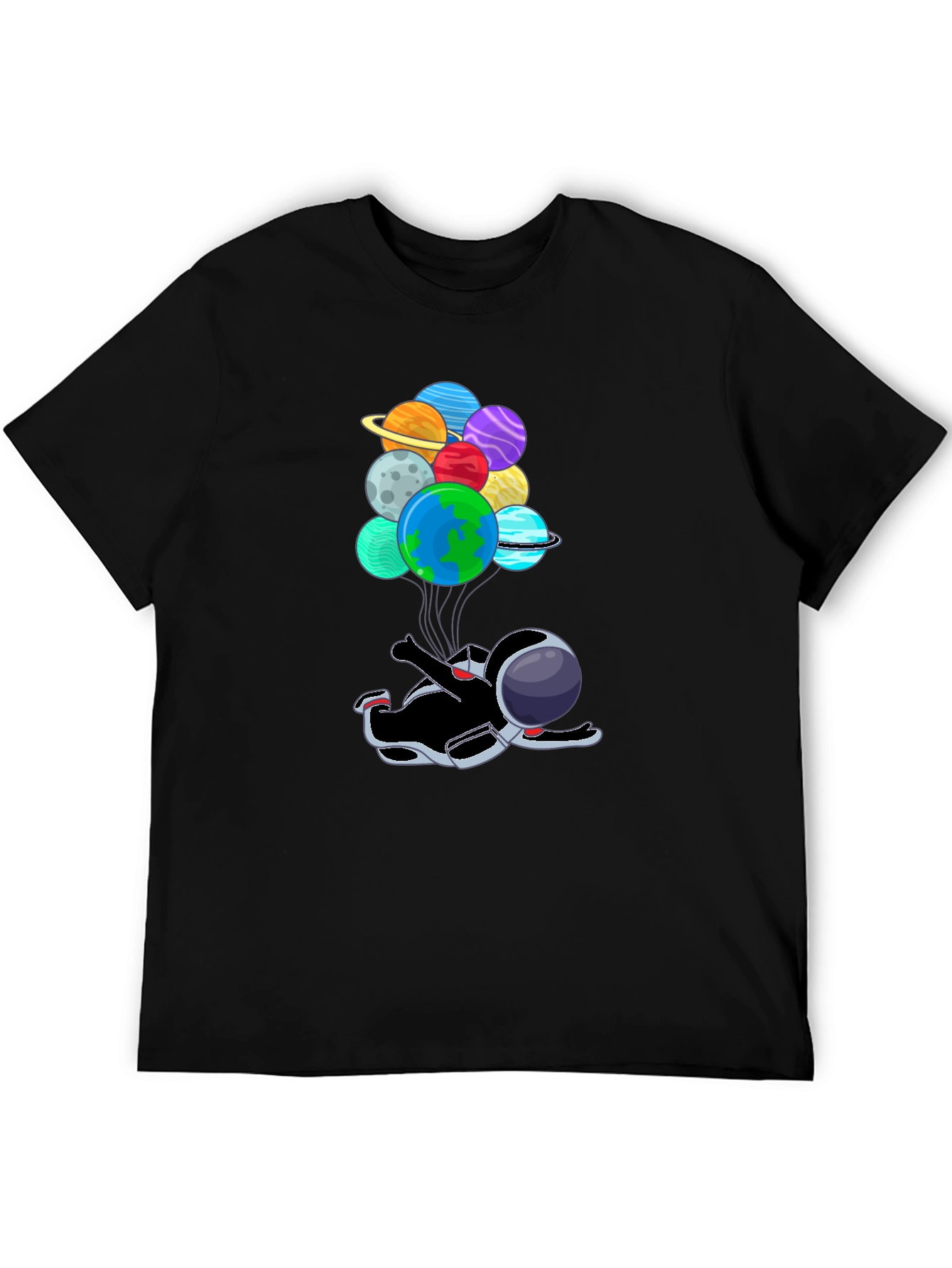 Black Astronaut Floating with Planet Balloons T-Shirt view 5