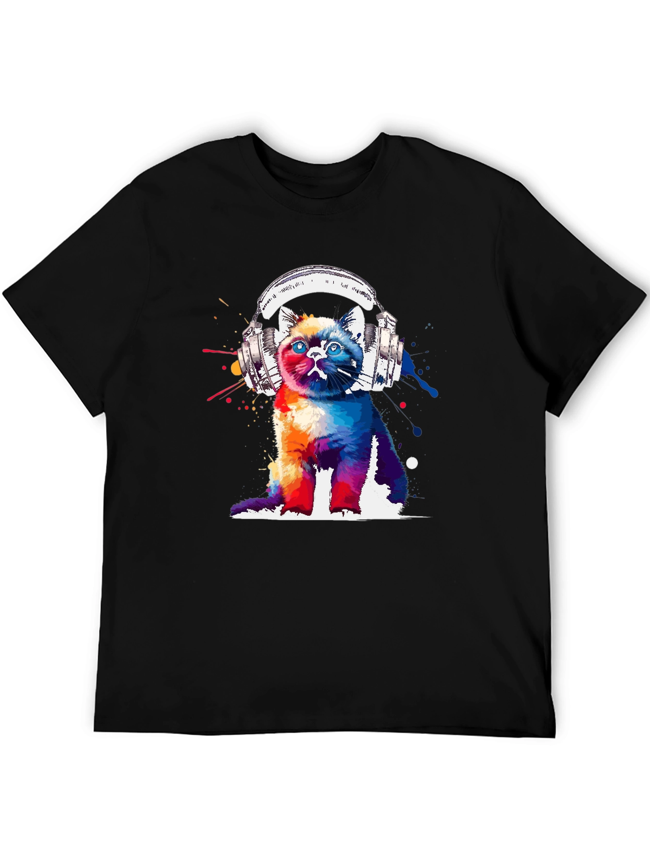 Black Colorful Cat Headphones Graphic T-Shirt view 5