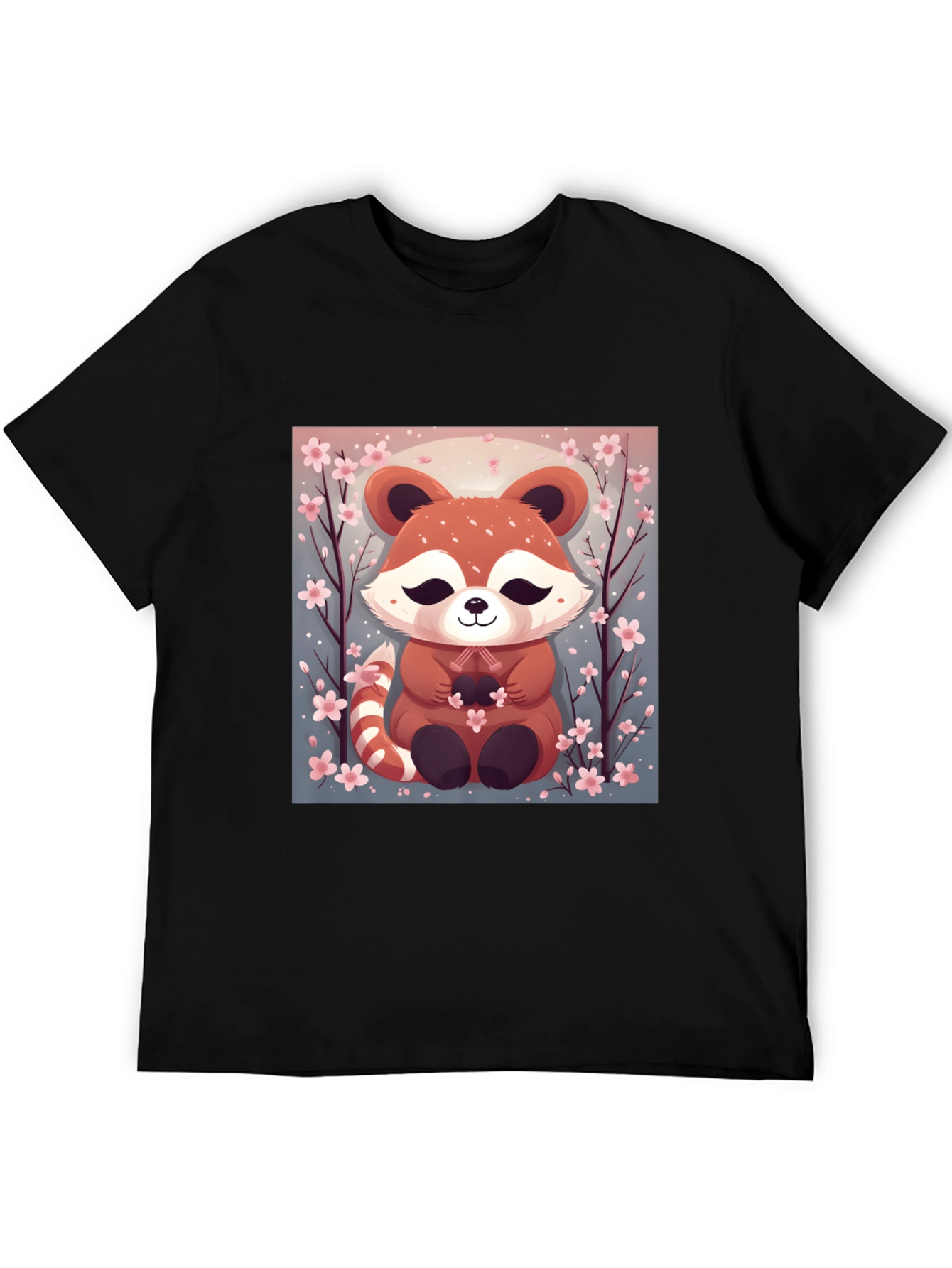 Black Cute Red Panda Cherry Blossom Black T-Shirt view 5