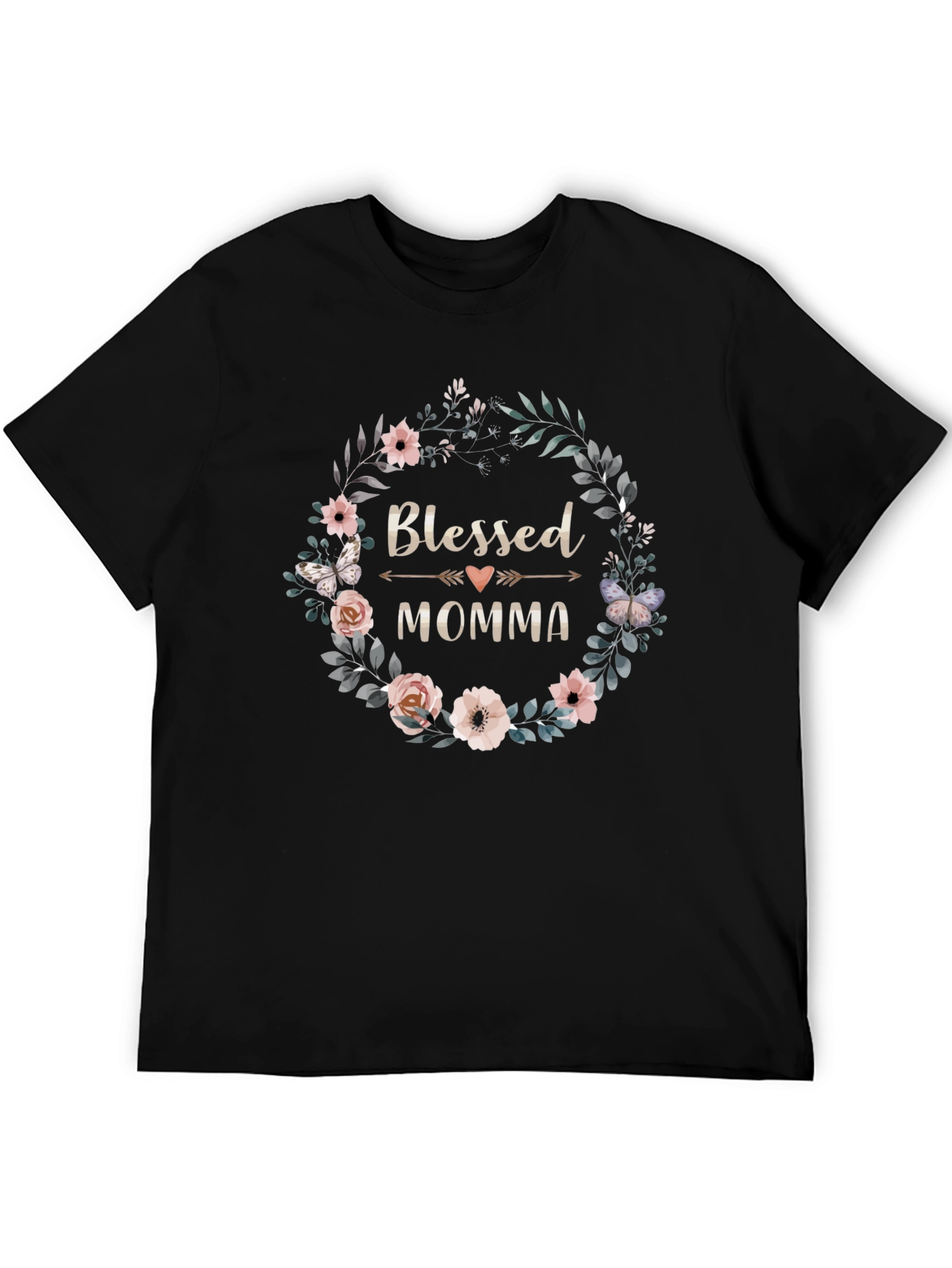 Black Blessed Momma Floral Wreath T-Shirt view 5