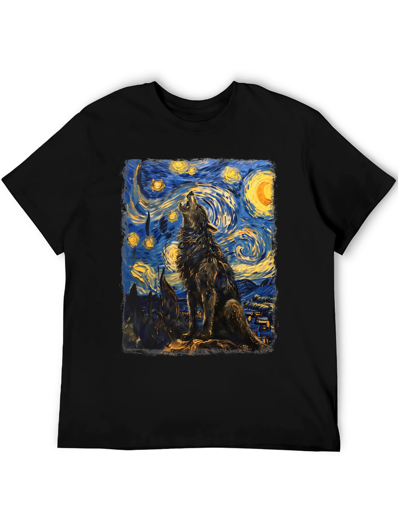 Black Starry Night Wolf Graphic Tee - Unique Artistic Design view 5