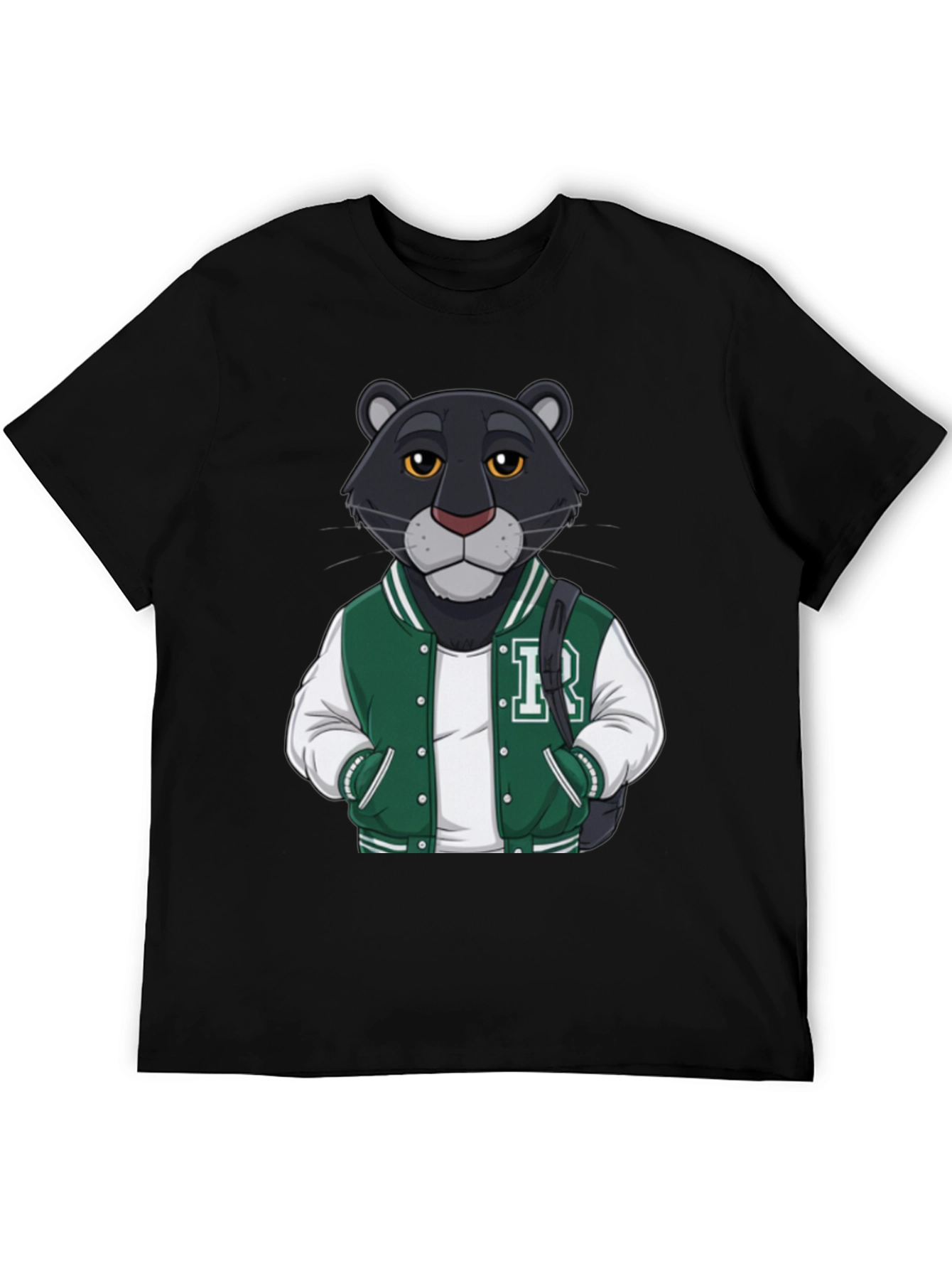 Black Cartoon Panther Varsity Jacket Graphic Tee view 5