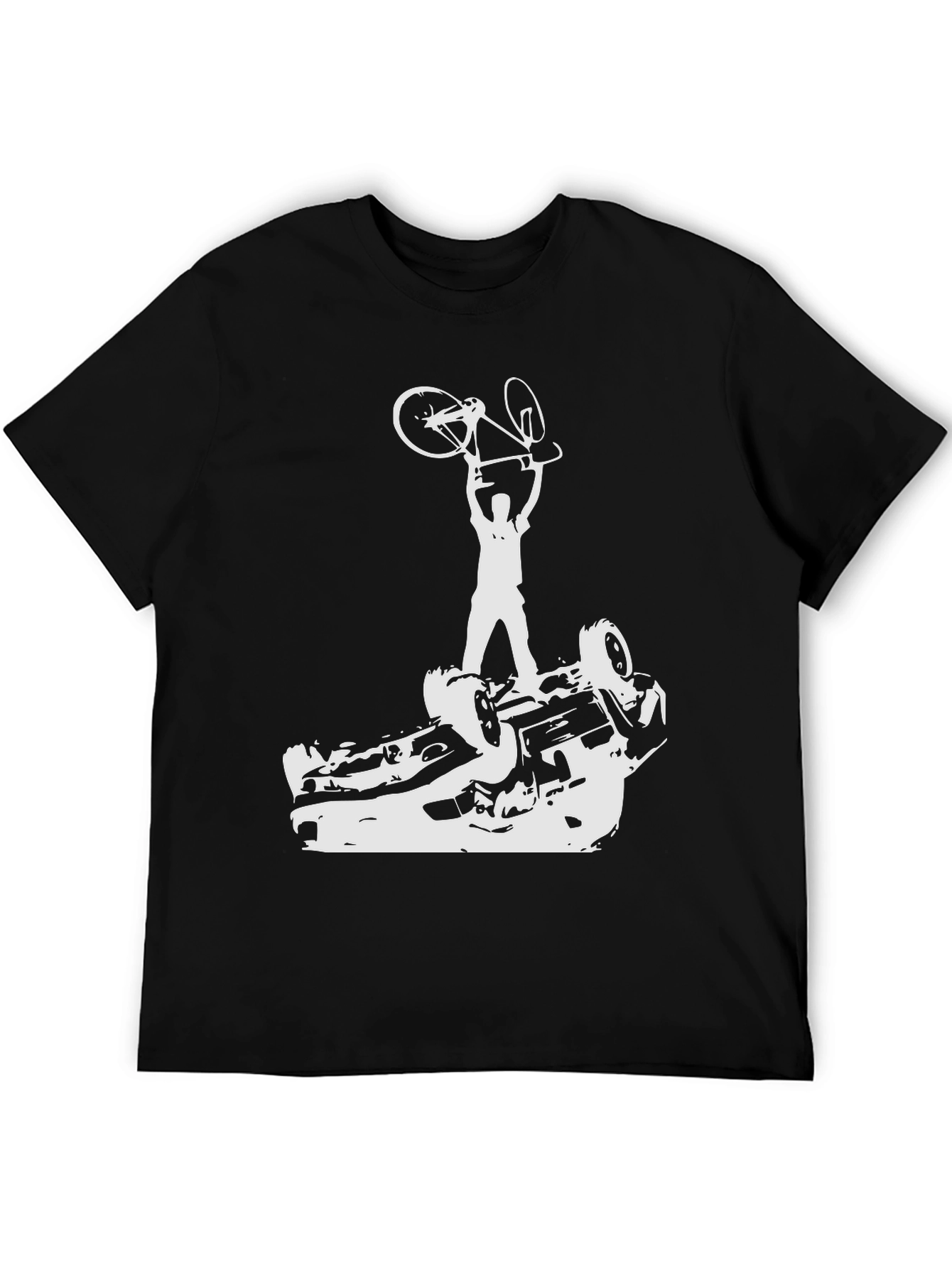 Black Black T-Shirt with Cyclist Car Flip Graphic Tee view 5
