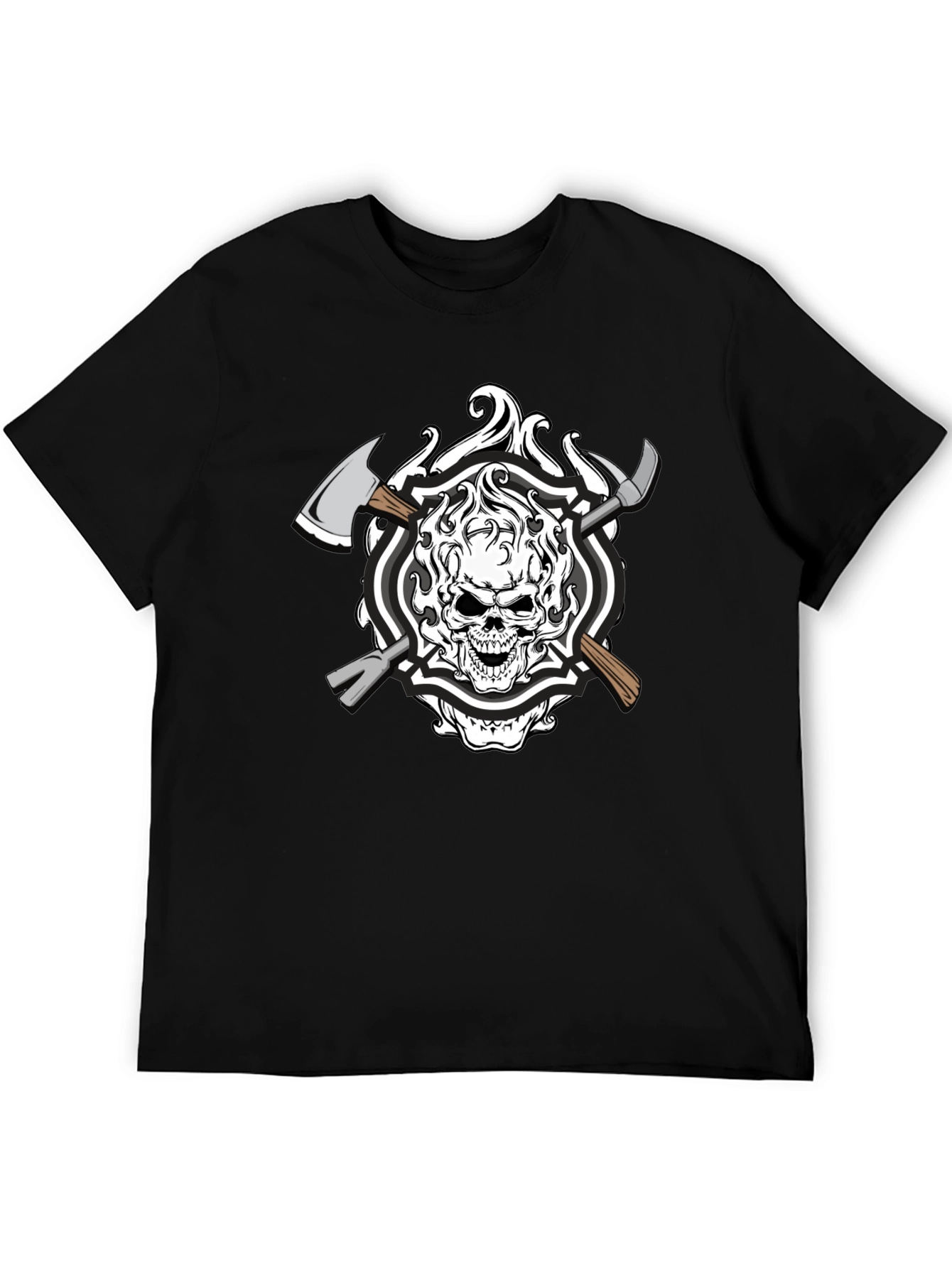 Black Skull Firefighter Axe Graphic T-Shirt - Black Cotton view 5