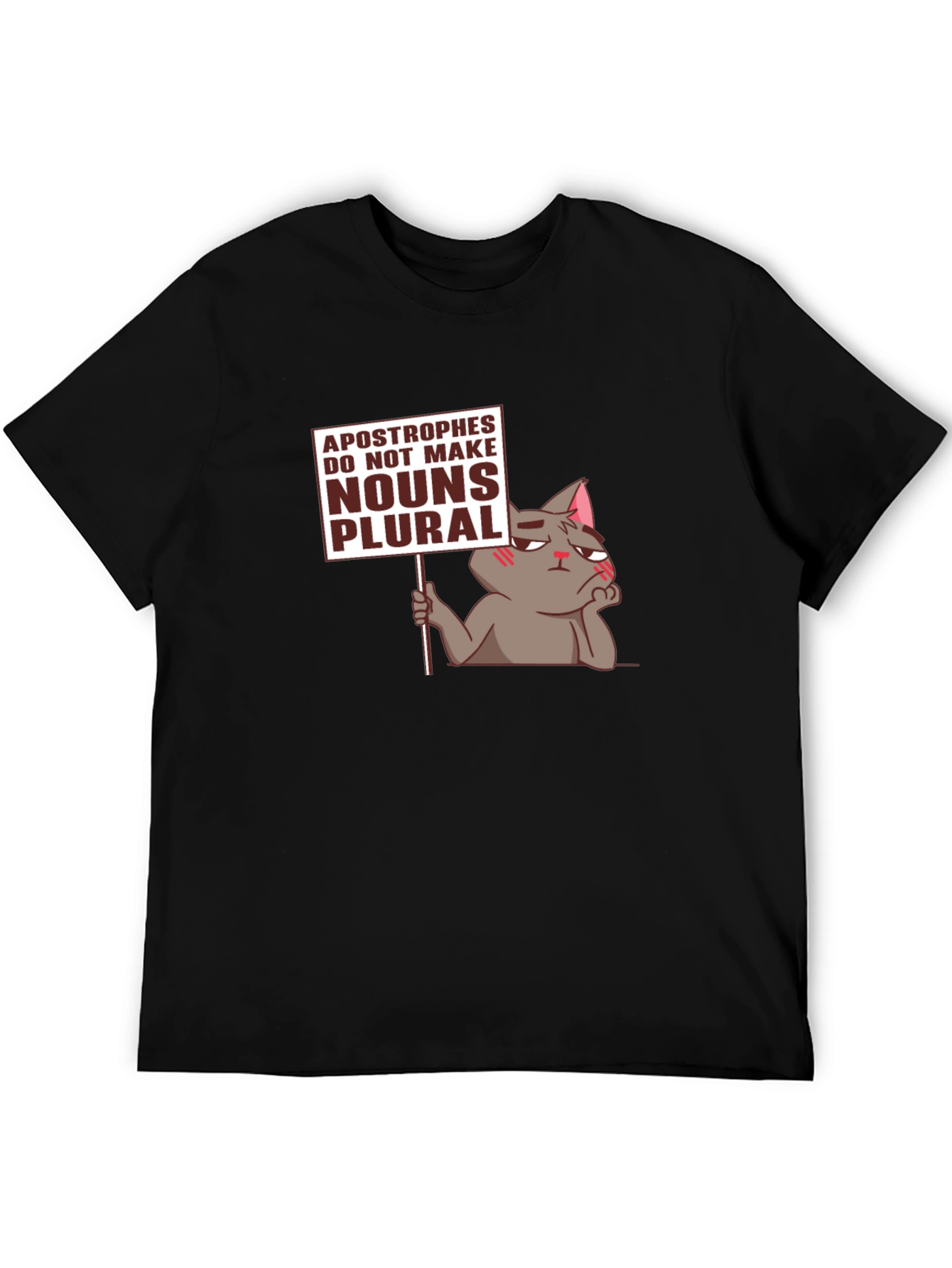 Black Grammar Cat T-Shirt - Apostrophes Do Not Make Nouns Plural Tee view 5