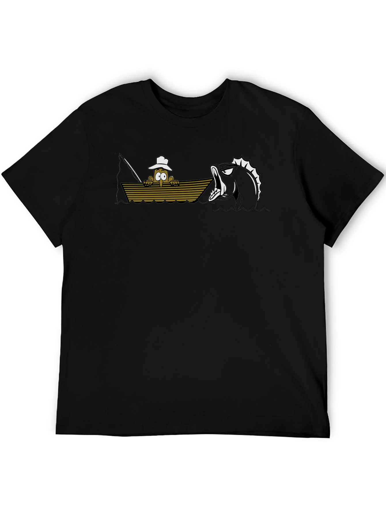Black Cartoon Fisherman vs Monster Fish Black T-Shirt view 5
